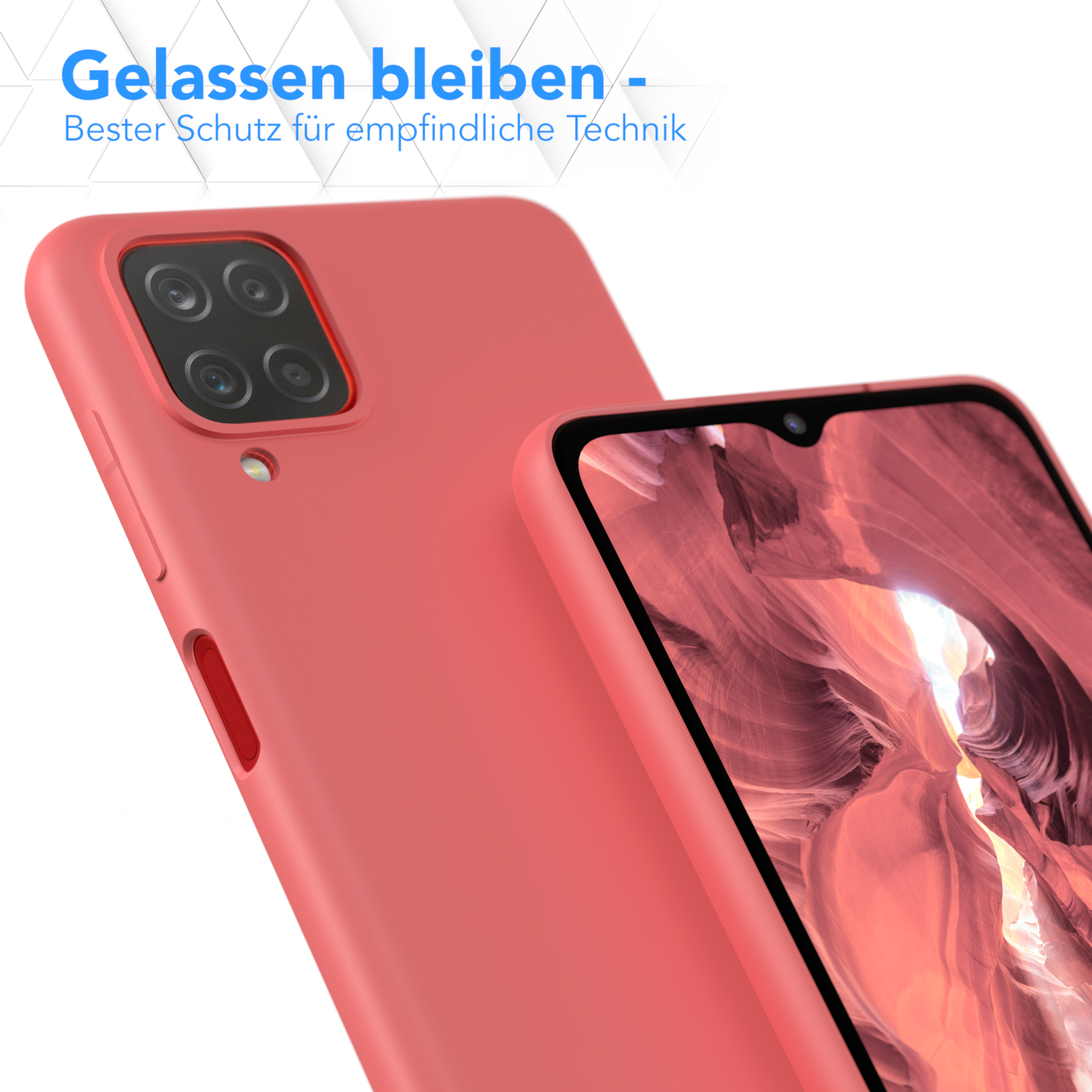 Eine rote Handyhülle auf weißem Hintergrund, mit einer Nahaufnahme der Rückseite.