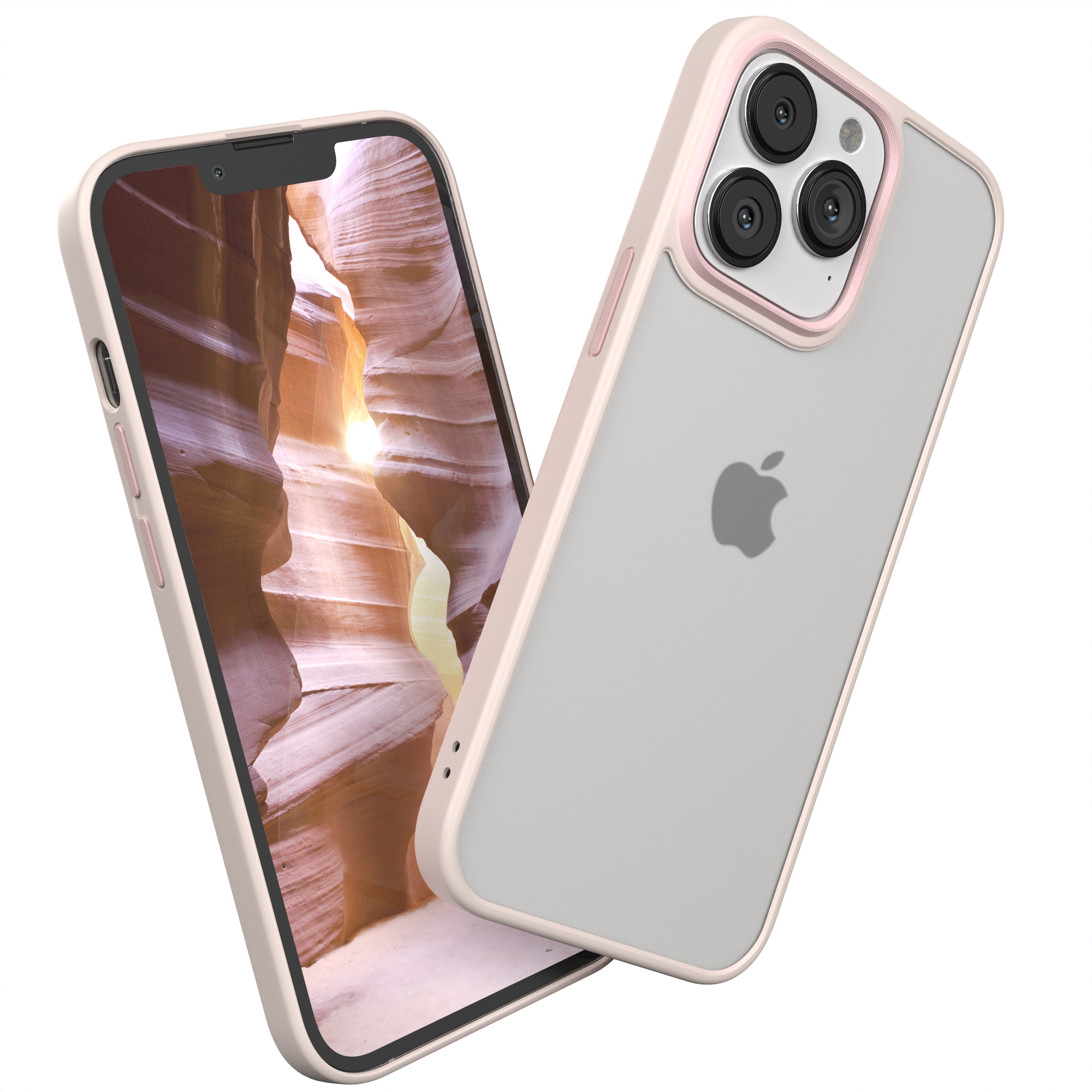 Zwei Telefone. Eines in einem rosa Gehäuse, das einen Canyon zeigt. Das andere ist in einem Gehäuse.
