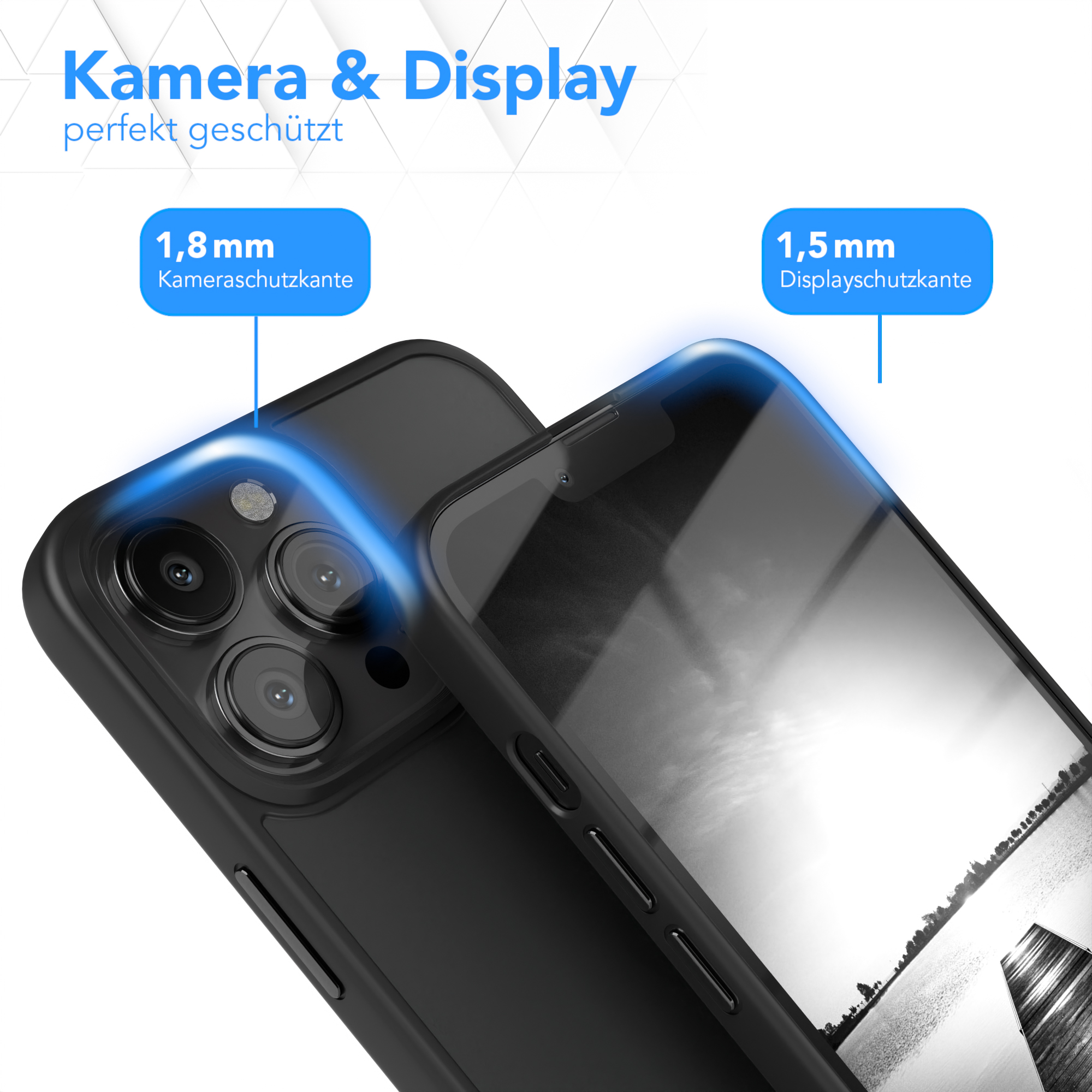 Schwarze Handyhülle mit Details zum Kamera- und Displayschutz. Schwarzes Telefon innen.