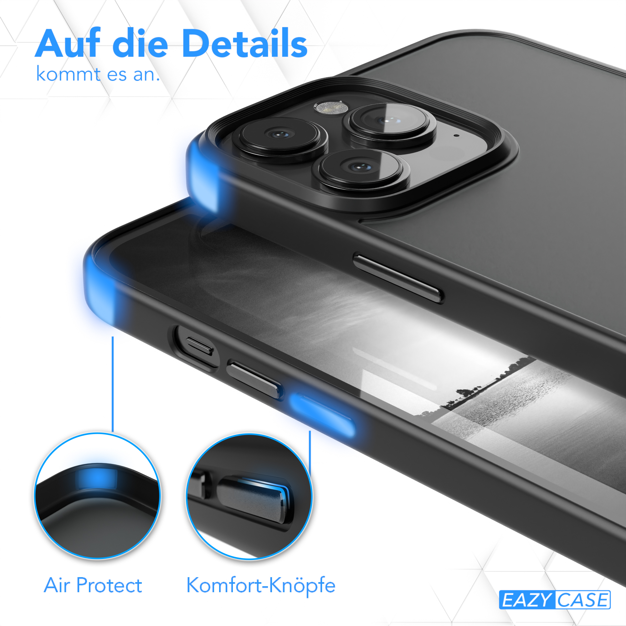 Eine Nahaufnahme einer Handyhülle mit Air Protect-Ecken und Komforttasten, beide mit blauem Licht hervorgehoben.