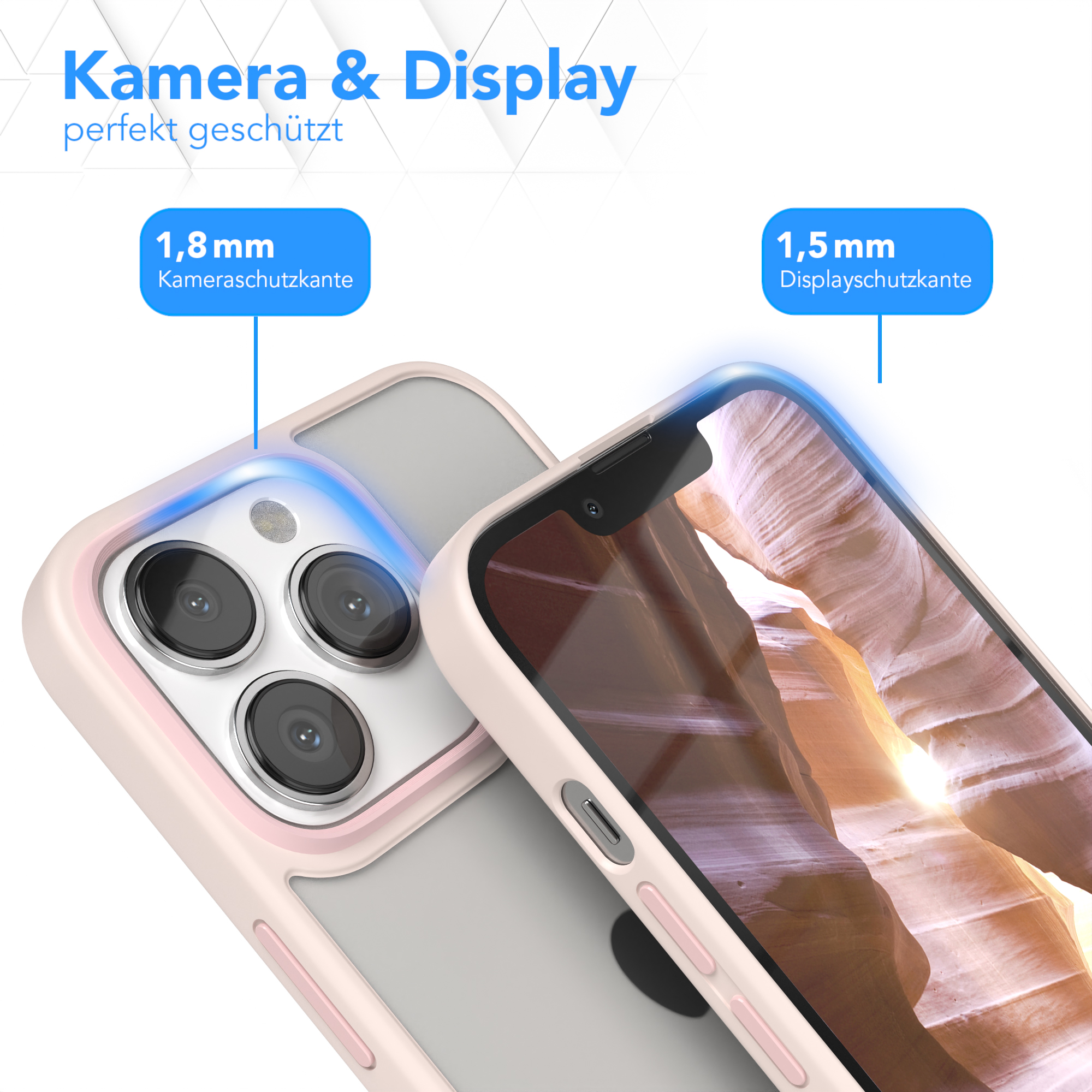Zwei Telefone in Hüllen, die Kamera- und Displayschutz zeigen, mit 1,8 mm und 1,5 mm Text.