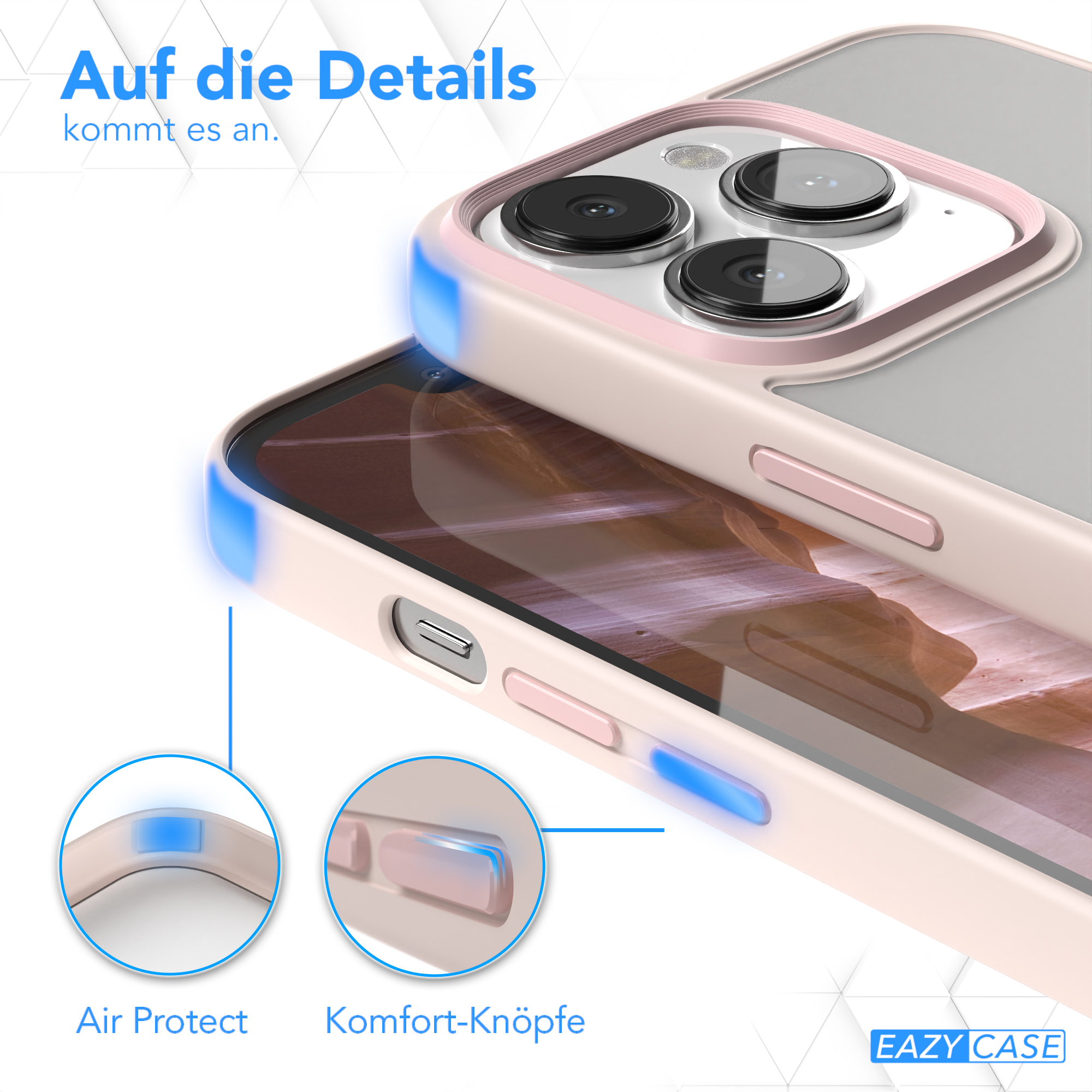 Nahaufnahme einer Handyhülle mit rosa Rahmen, zeigt Kamera und Knöpfe des Telefons, mit Text und Kreisen.