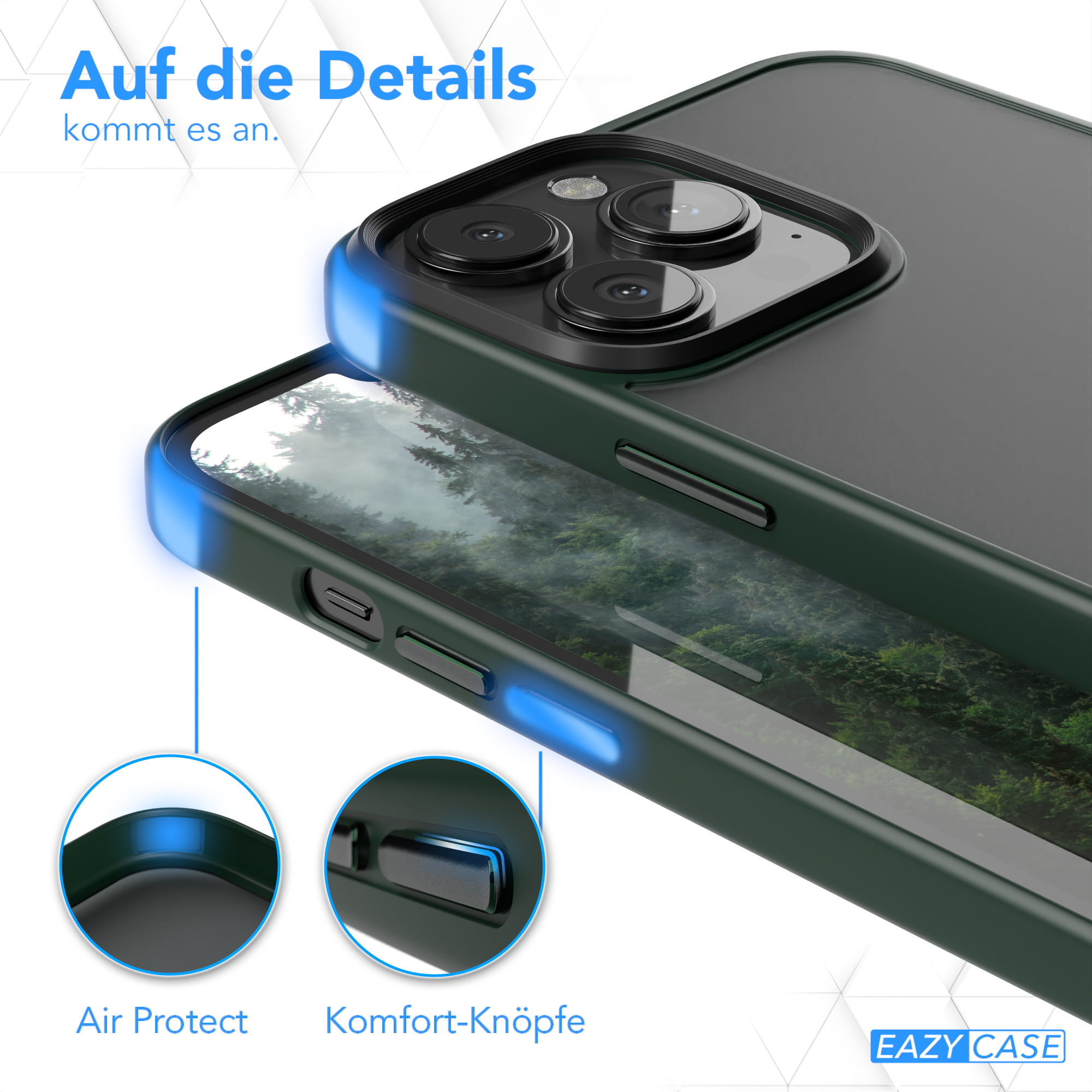 Nahaufnahme einer grünen Handyhülle. Air Protect und Komfort-Knöpfe sind blau hervorgehoben.
