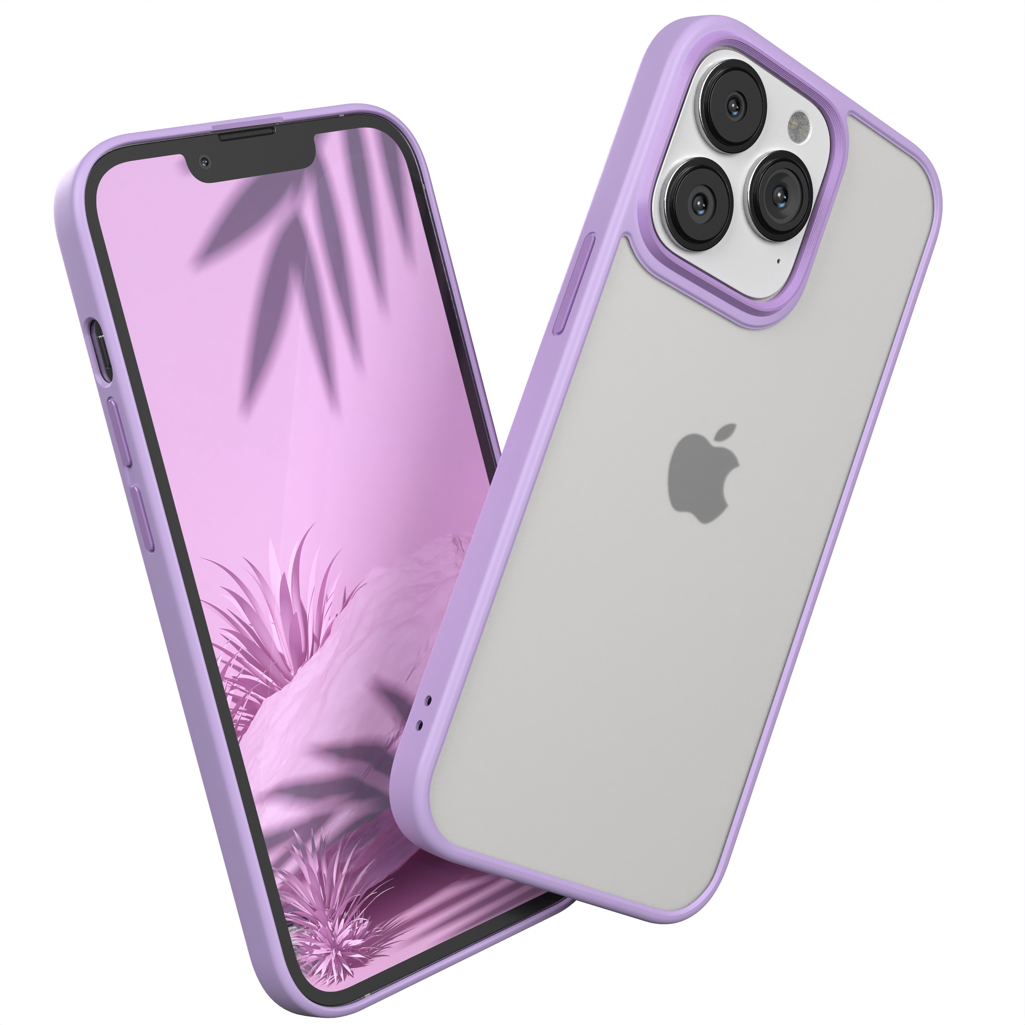Zwei Telefone, eines mit Lavendel-Hülle, das andere mit Gebirgszug.