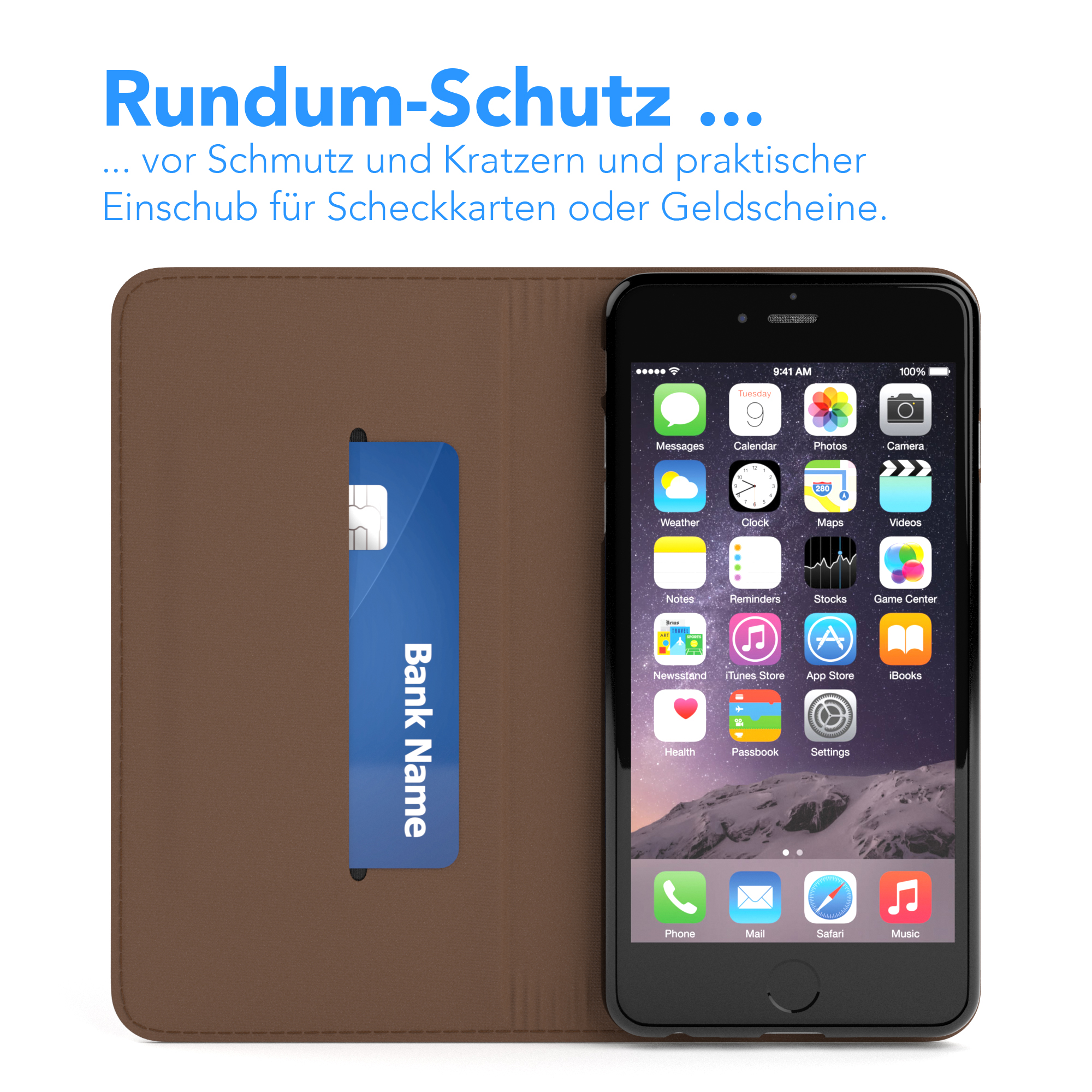Ein Telefon in einem braunen Etui mit einer blauen Karte in einem Schlitz. Das Telefon zeigt Apps.