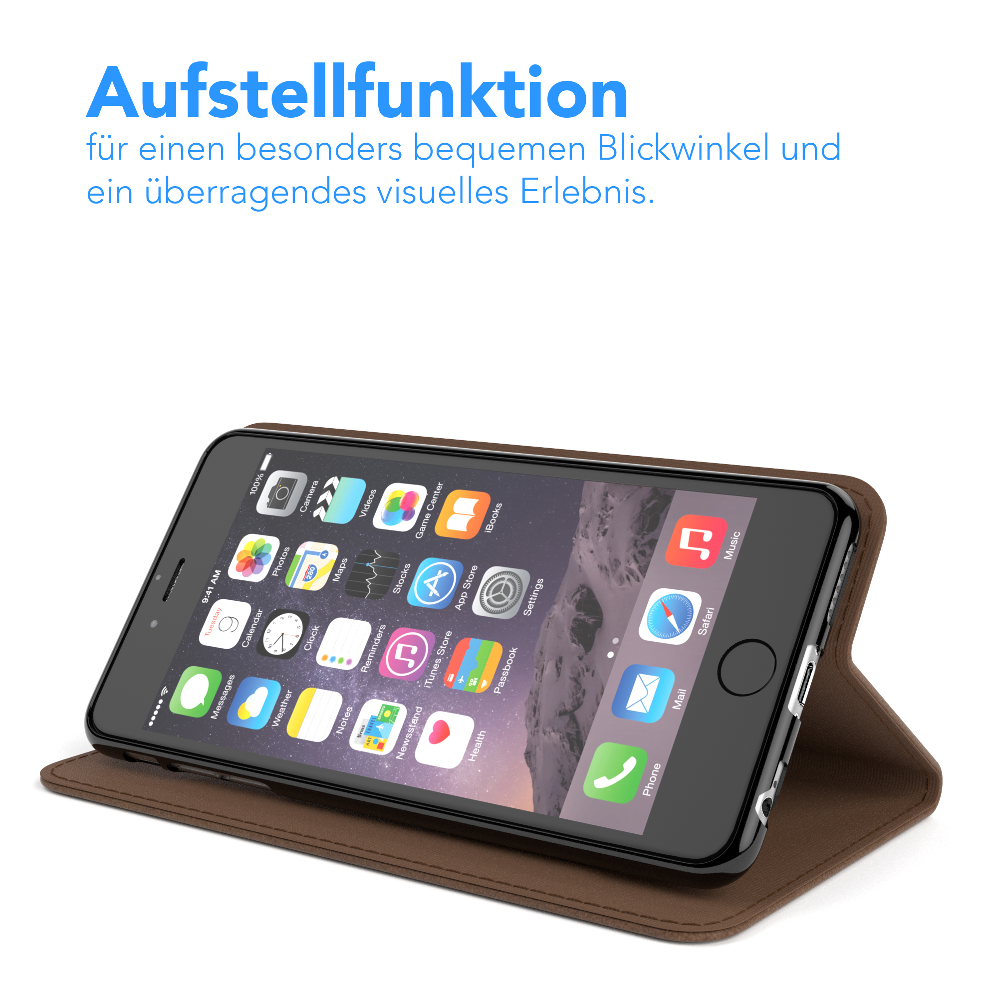 Telefon in einer braunen Hülle, geöffnet, um den Bildschirm anzuzeigen.