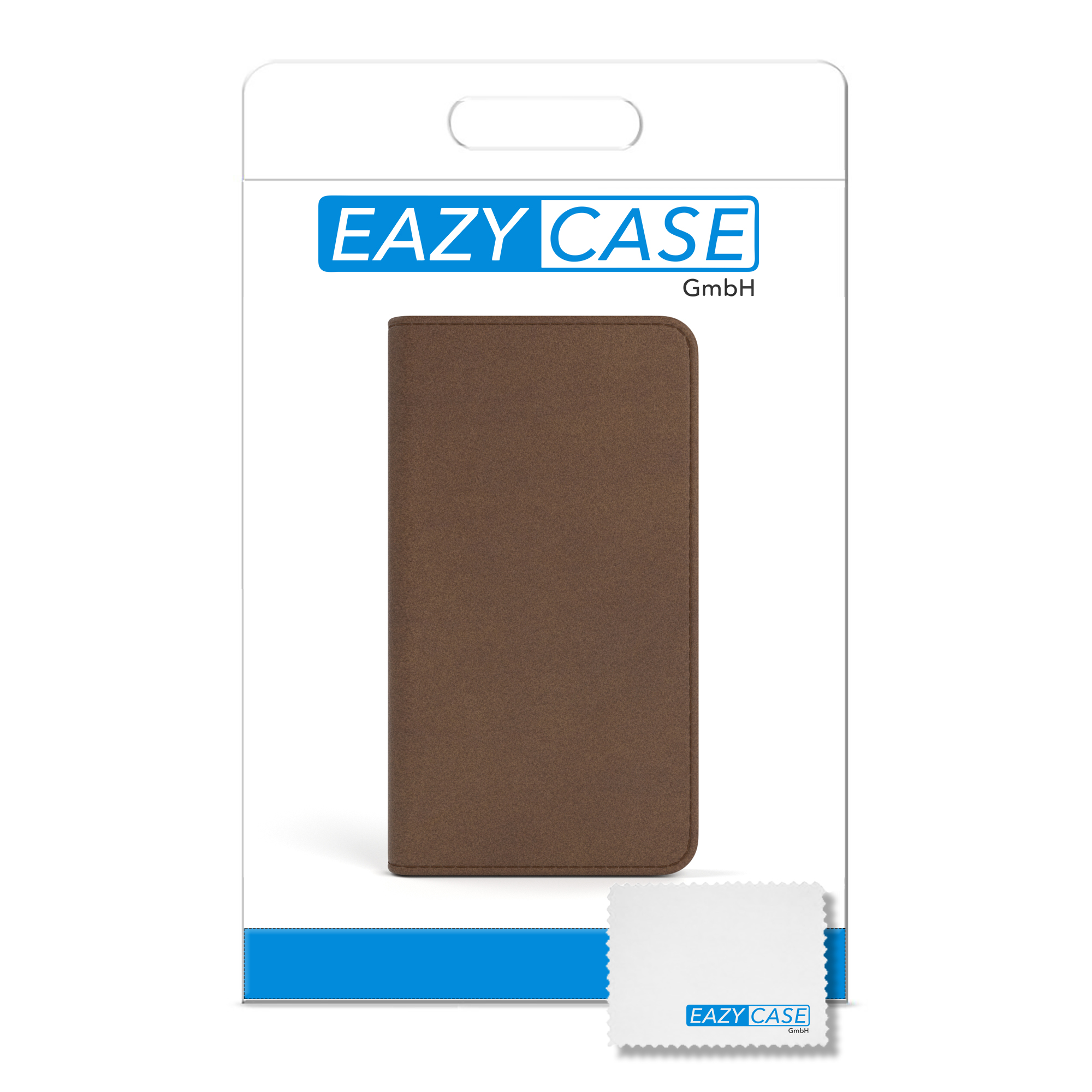 Eine braune Handyhülle in einer weißen Verpackung mit dem EAZY CASE Logo und einem Reinigungstuch.