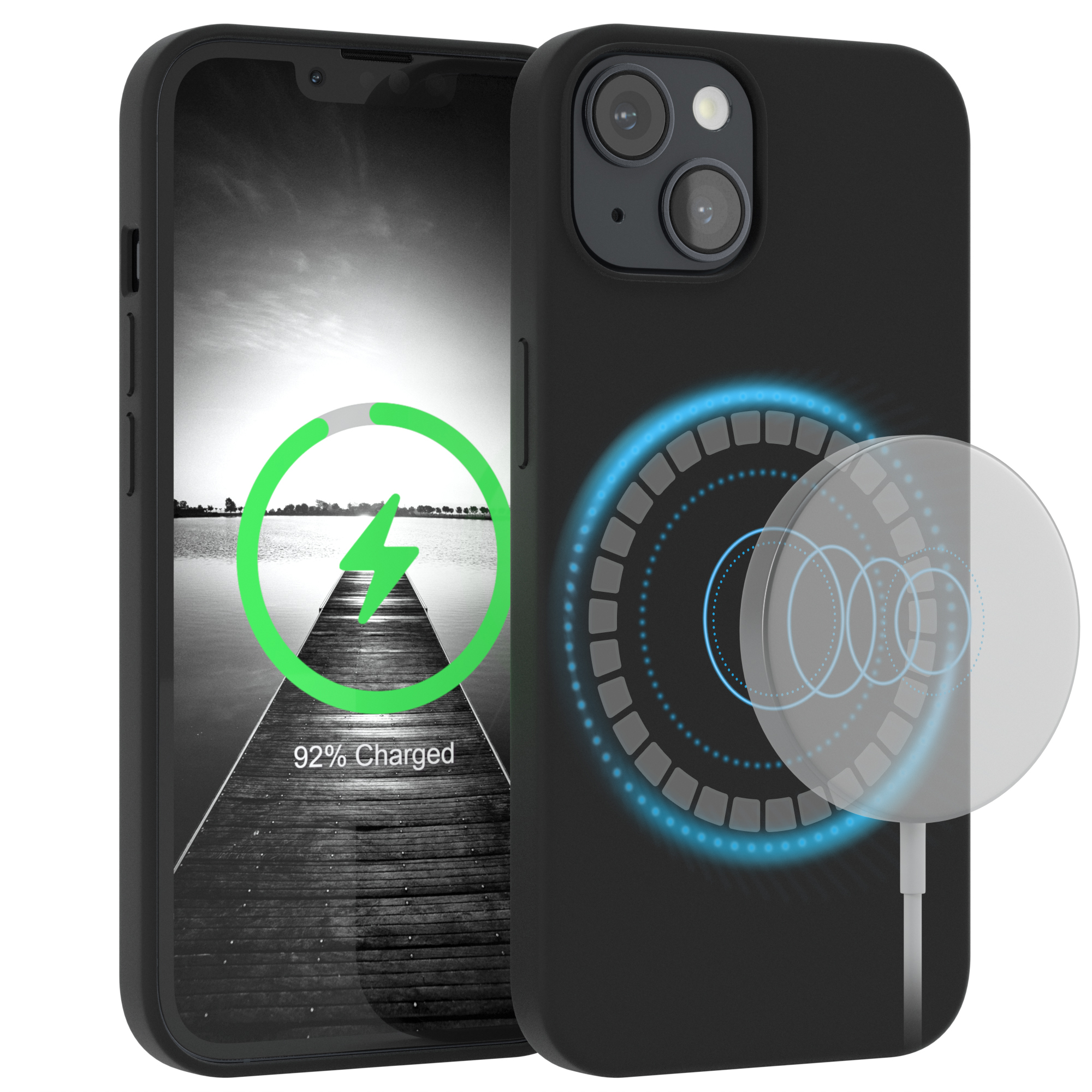 Schwarze Handyhülle mit Handy, lädt mit Blitzsymbol.