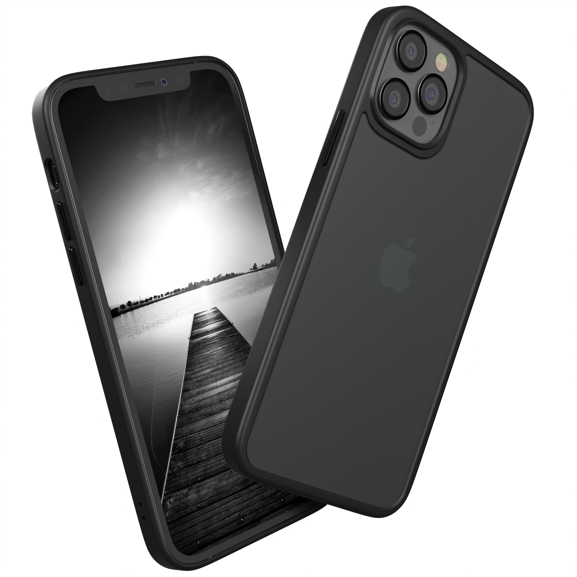 Schwarze Handyhülle mit schwarzem Telefon, das einen Steg und See zeigt.