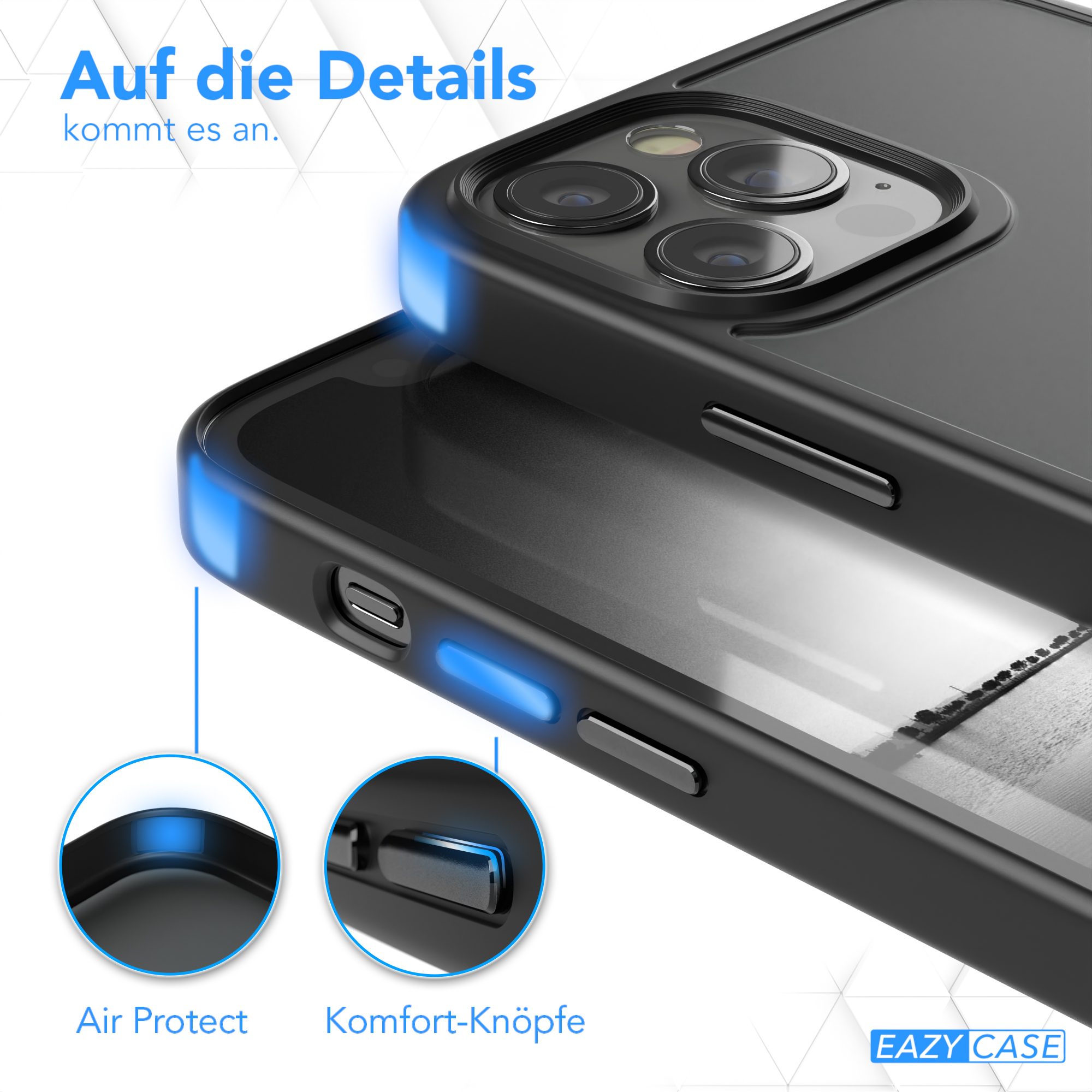 Schwarze Handyhülle mit blauen Akzentlichtern, Details, Air Protect und Komfort-Knöpfe.