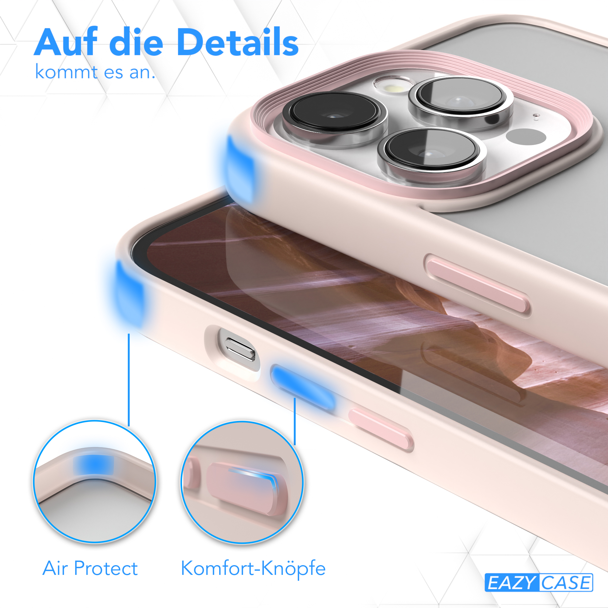 Nahaufnahme der Handyhülle. Rosa Kanten, Tasten hervorgehoben. Text: Air Protect und Komfort-Tasten.