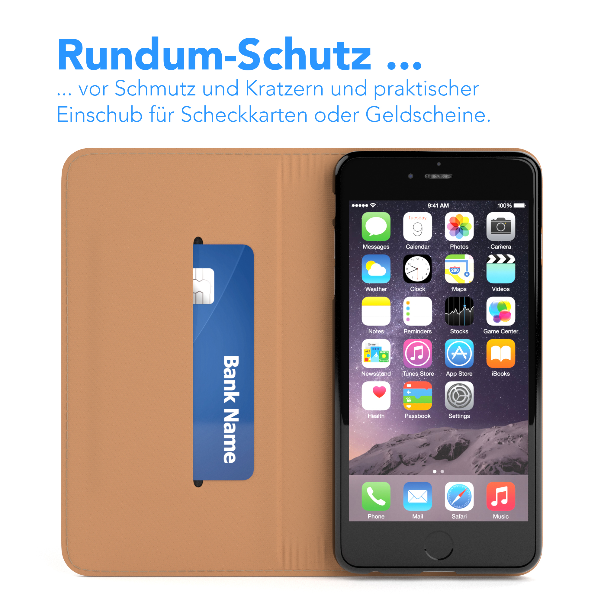 Handyhülle mit Karte und Text 'Bank Name'. Die Hülle ist braun.