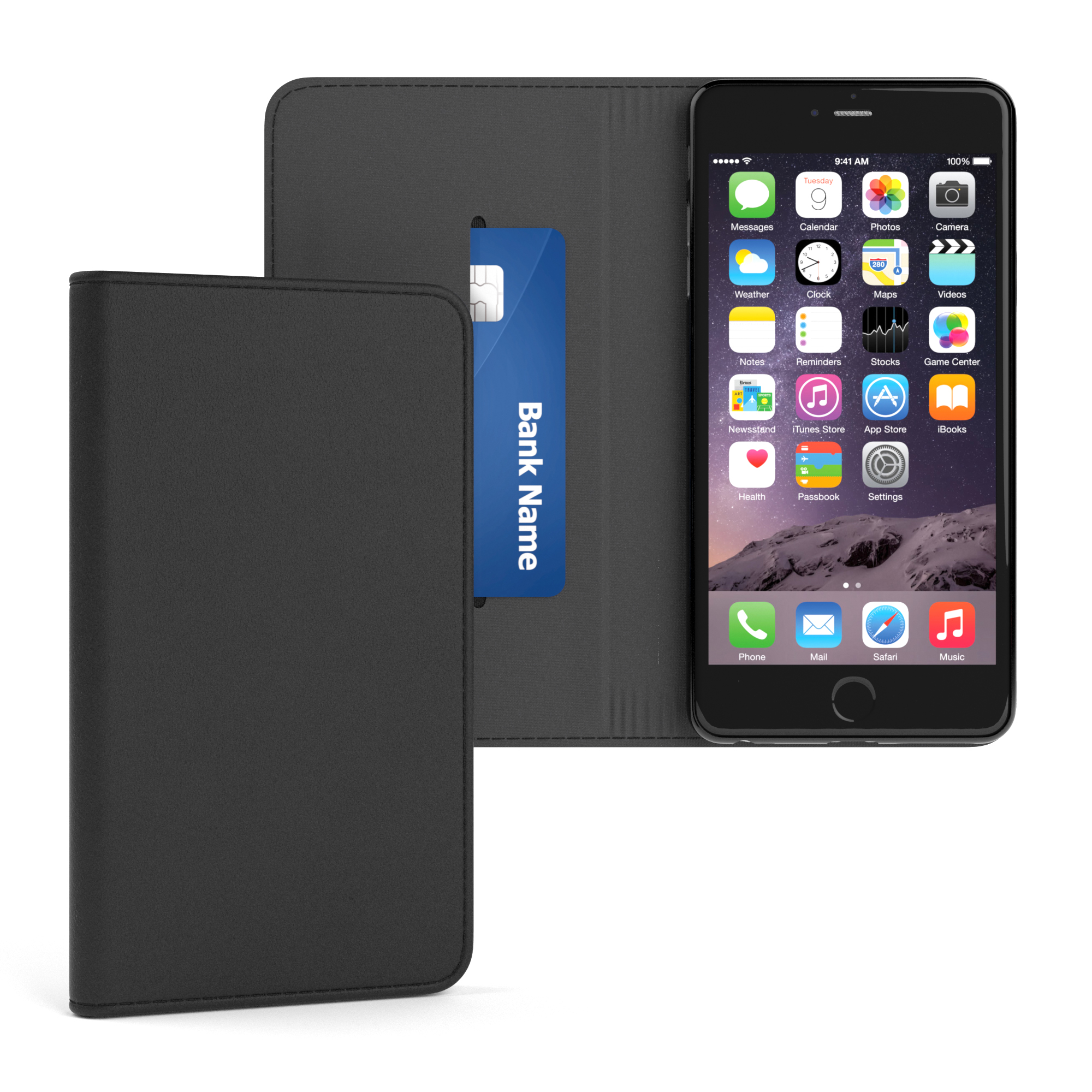 Eine schwarze Handyhülle mit Telefon und einer blauen Karte darin.