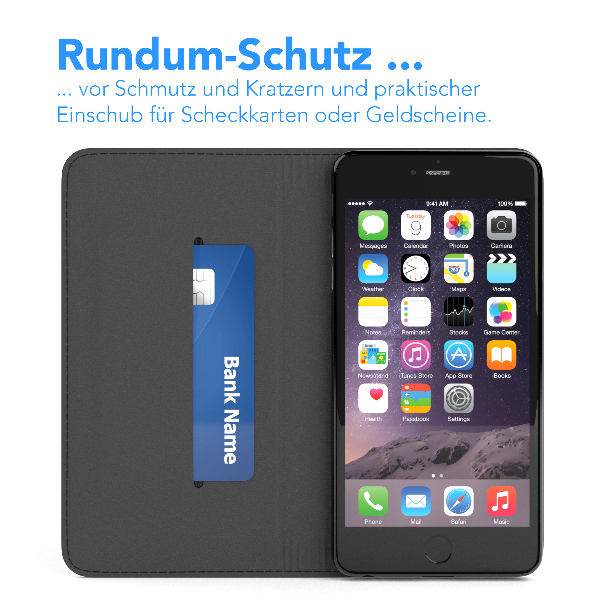 Schwarzes Telefon in schwarzem Gehäuse, mit einer blauen Karte im Gehäuse, die einen Banknamen zeigt. Das Telefon zeigt Apps an.