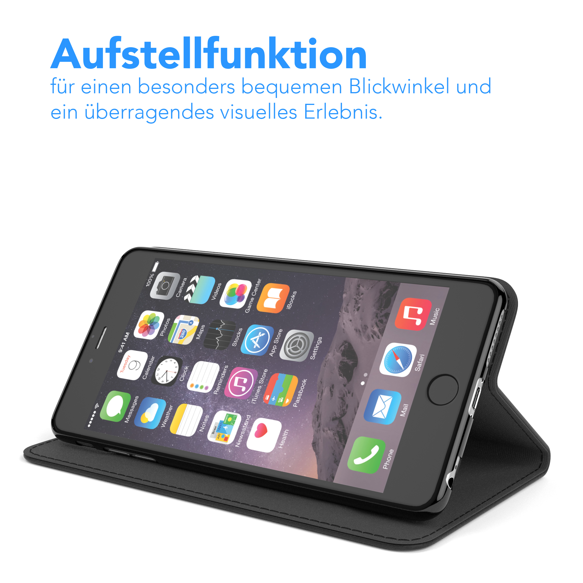Smartphone in schwarzem Case, Bildschirm zeigt App-Icons. Case ist zum Betrachten aufgestellt.