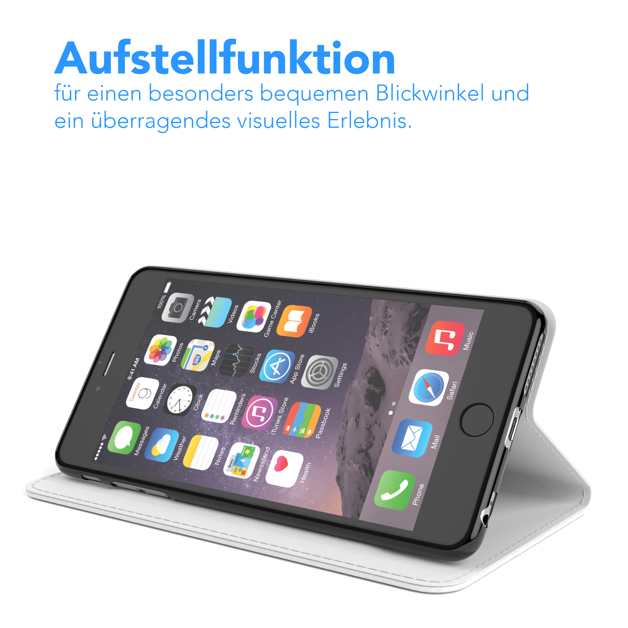 Schwarzes Smartphone mit Symbolen auf dem Bildschirm in einem weißen Case, leicht angewinkelt. Weißer Hintergrund.