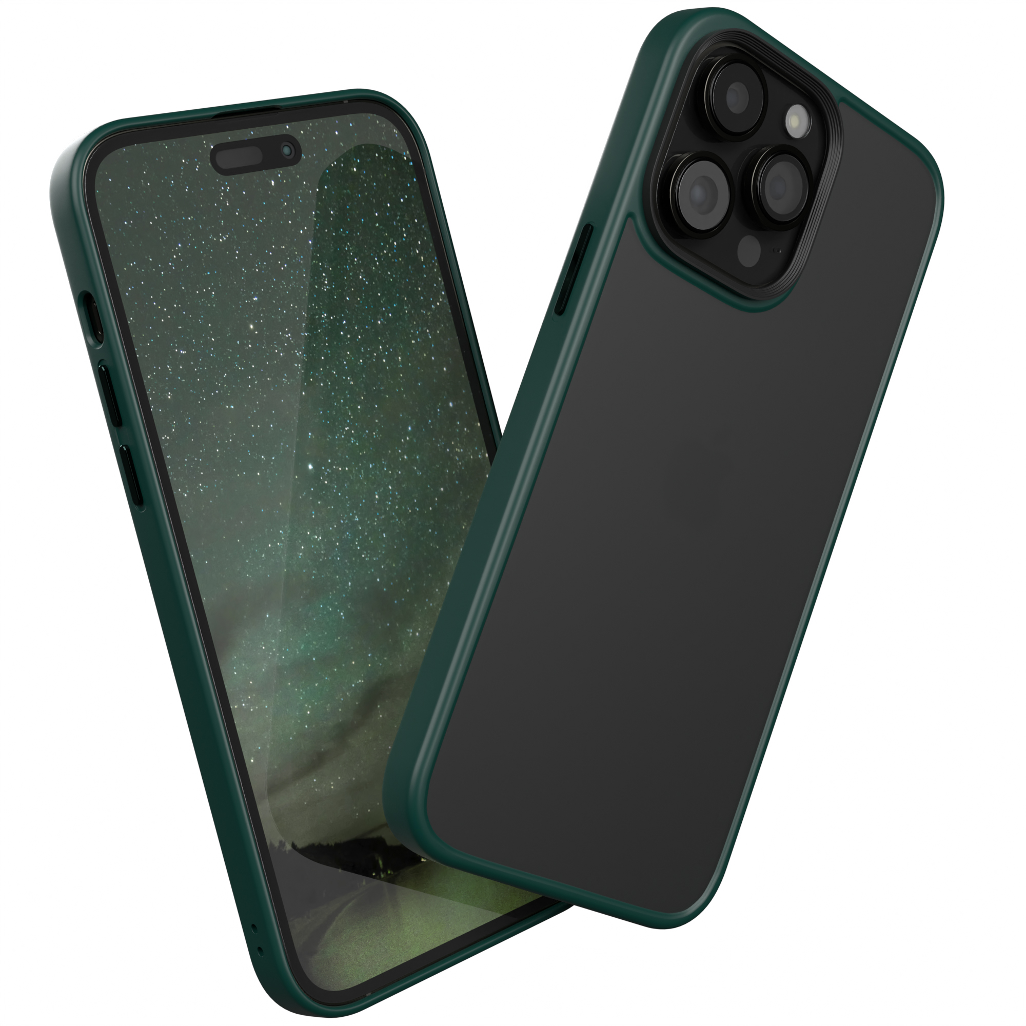 Grüne Handyhülle auf einem Telefon. Die Hülle ist hinten schwarz und an den Rändern grün.