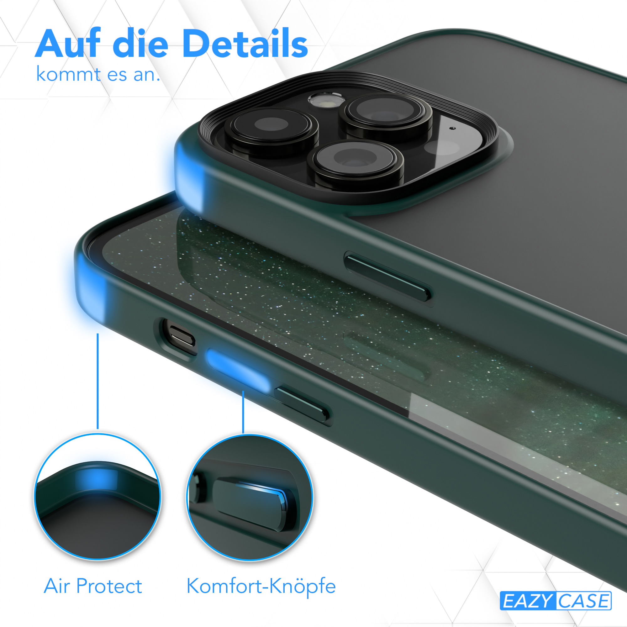 Eine Handyhülle, grün und schwarz, hebt den Air Protect und die bequemen Tasten hervor.