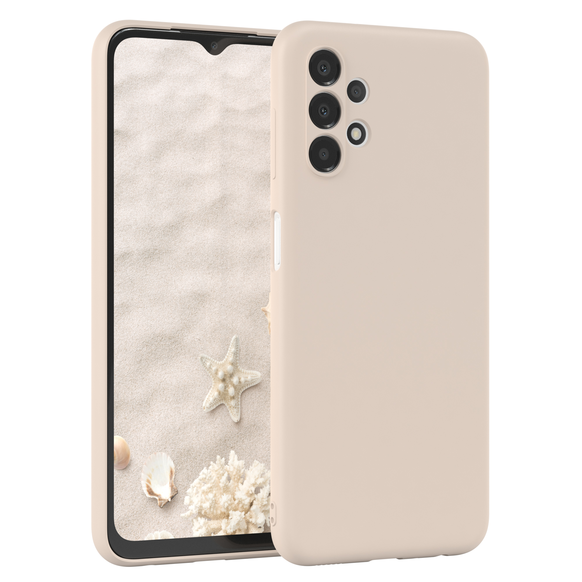Beige Handyhülle mit Telefon. Der Bildschirm zeigt Sand, Muscheln und Seesterne. Neben dem Telefon ist die Hülle.