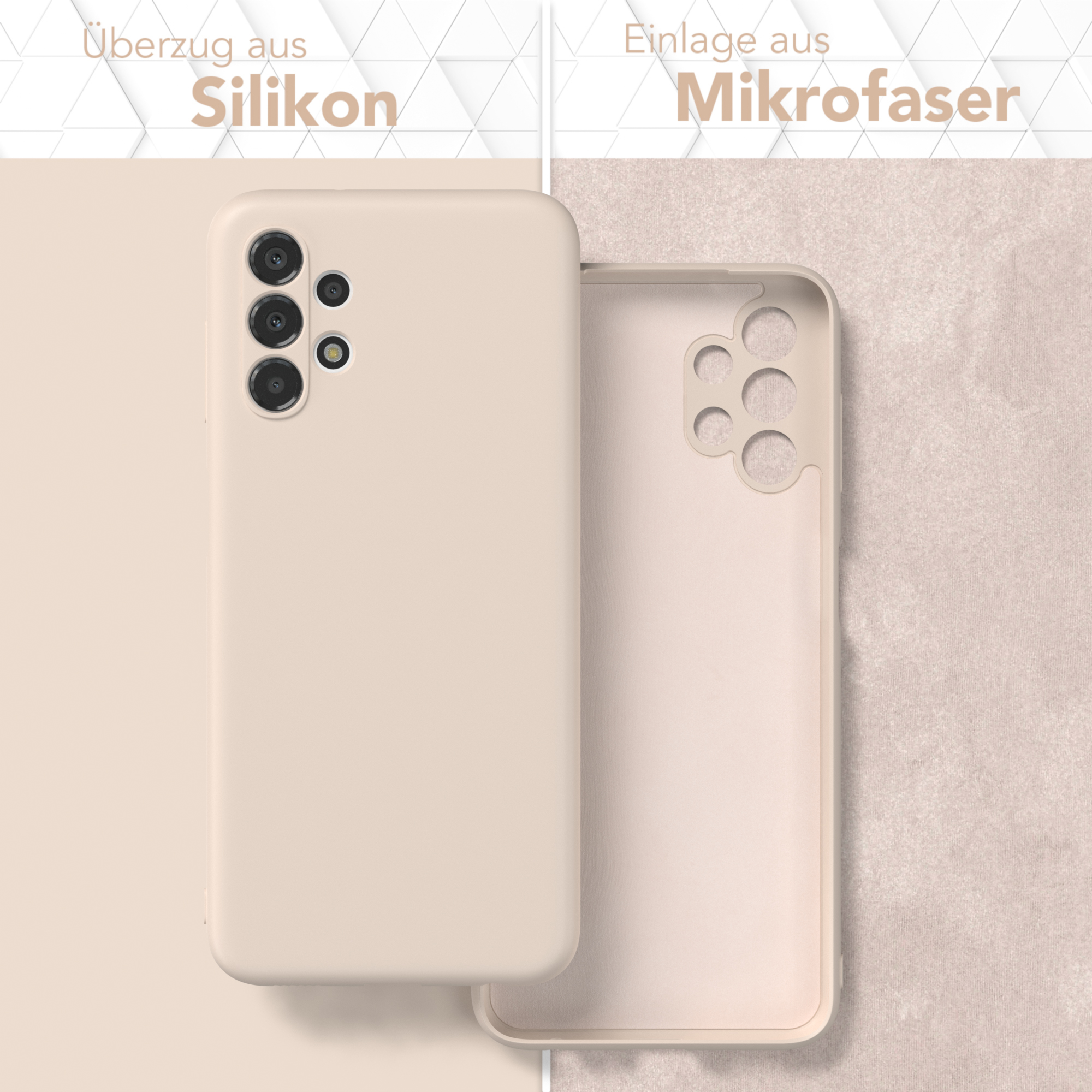Beige Handyhülle, mit passendem Einsatz, zeigt das Design des Telefons und Kameraausschnitte.