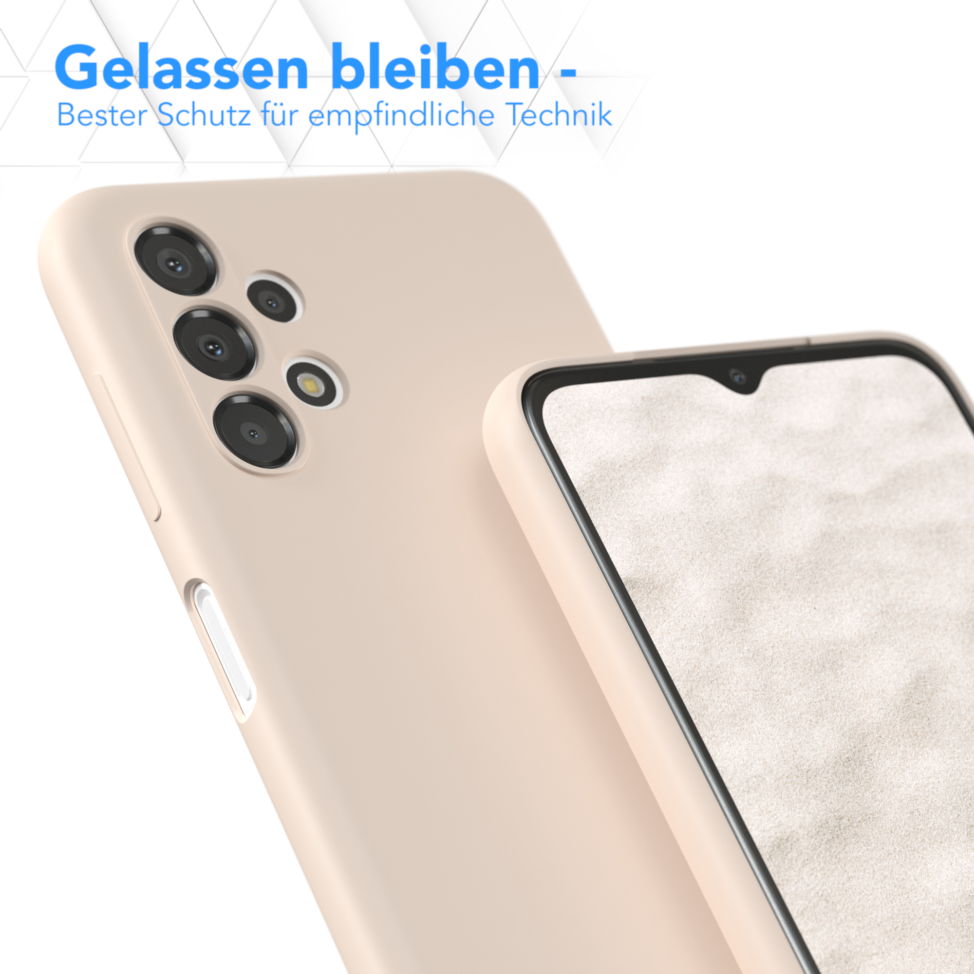 Beige Handyhülle mit Kameras, mit einem Telefon darin. Der Hintergrund ist hellbeige.