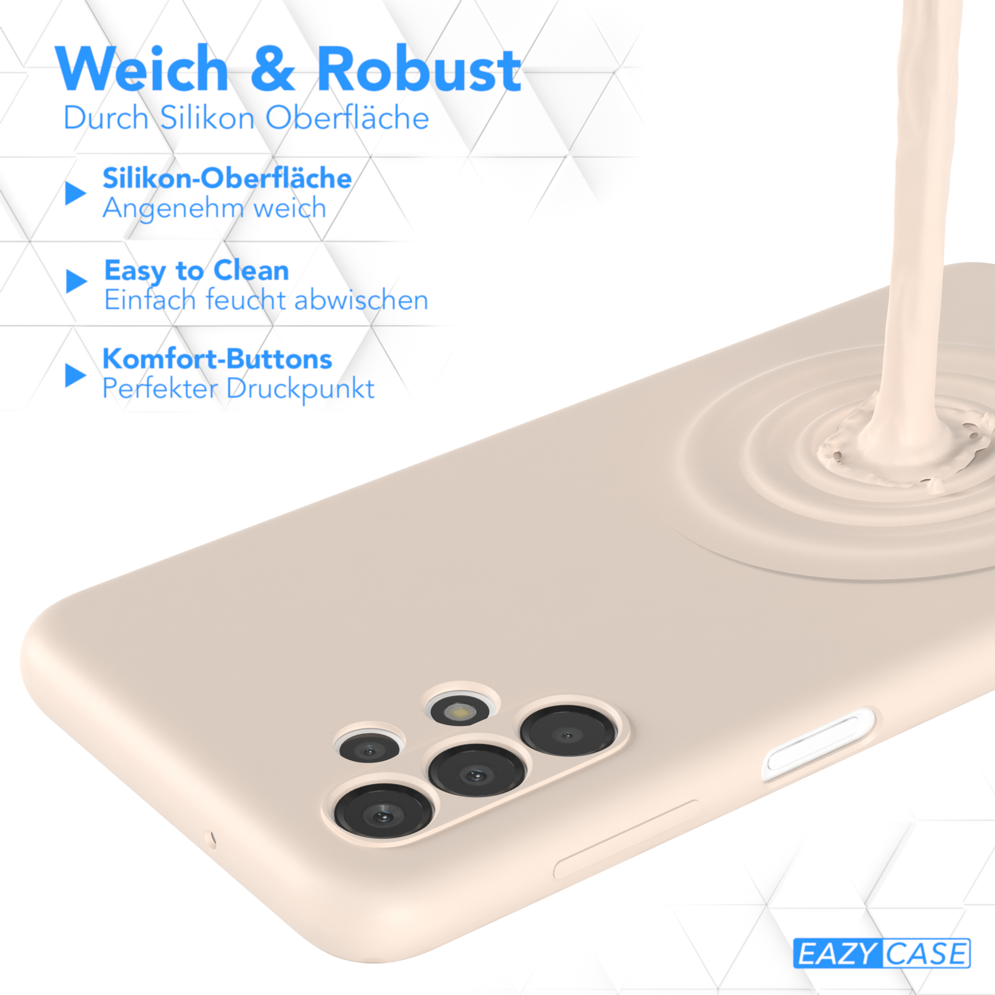 Beige Handyhülle mit cremefarbener Flüssigkeit, die von oben darauf gegossen wird. Die Hülle hat Knöpfe.