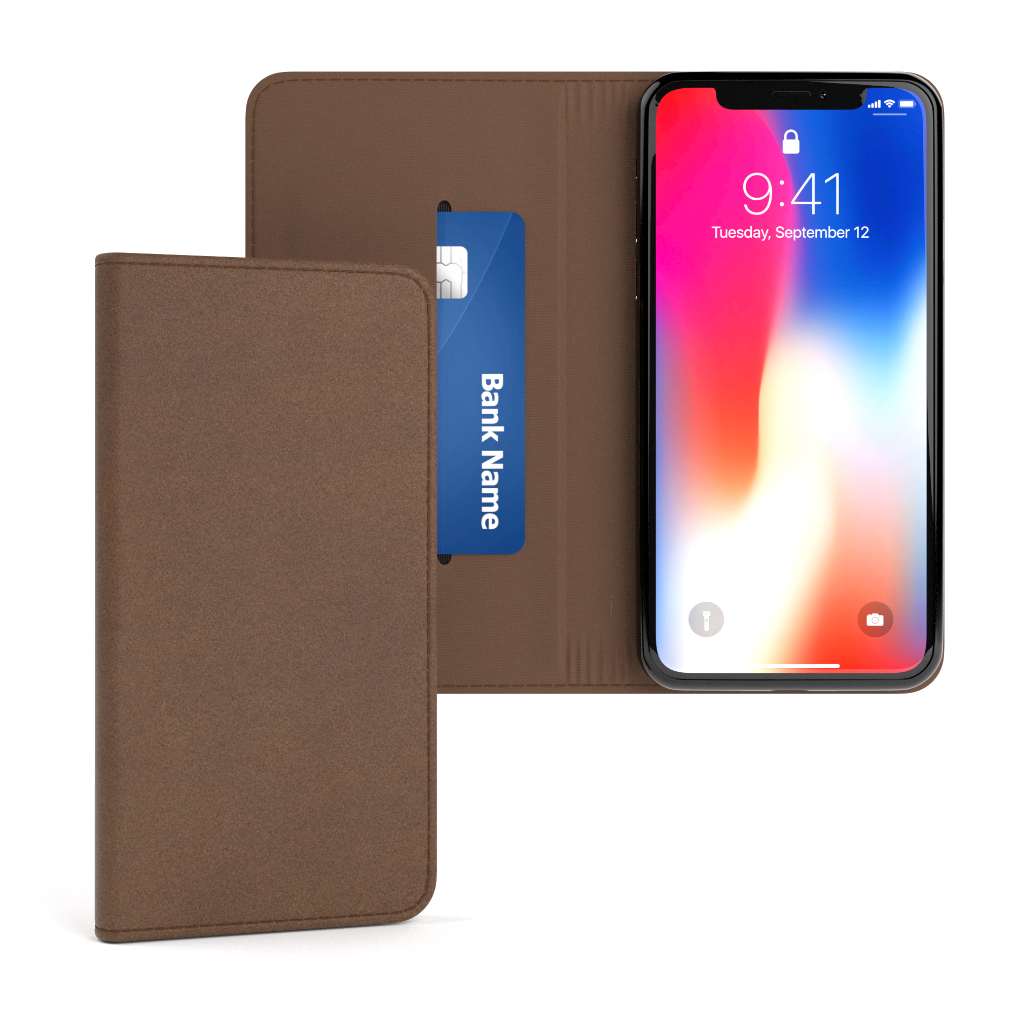 Braune Handyhülle. Ein iPhone X ist in der Hülle. Innen ist eine Karte mit dem Aufdruck "Bank Name" sichtbar.