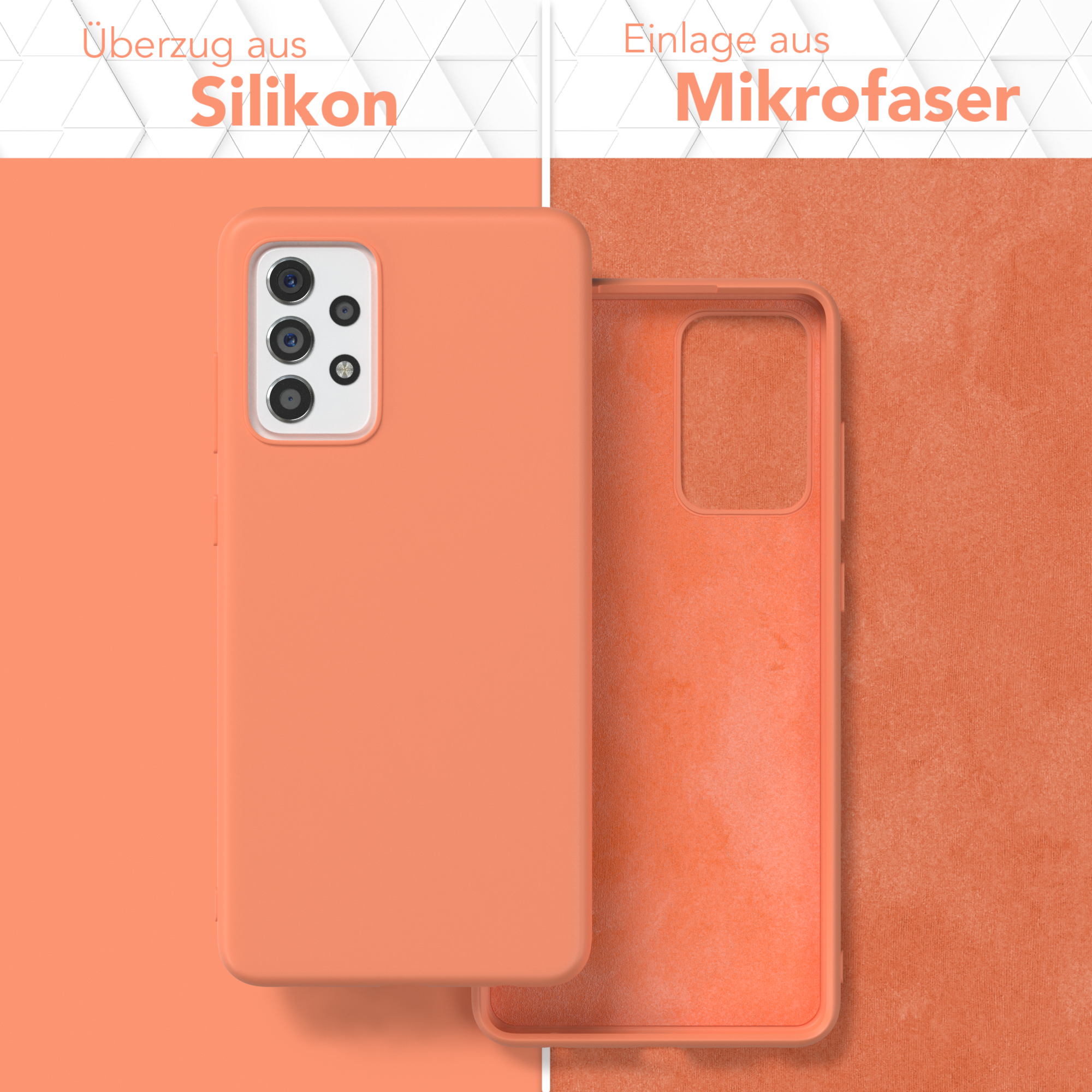 Zwei Handyhüllen, eine orangefarbene Silikonhülle, die andere eine transparente Hülle. Hintergrund hat Text.