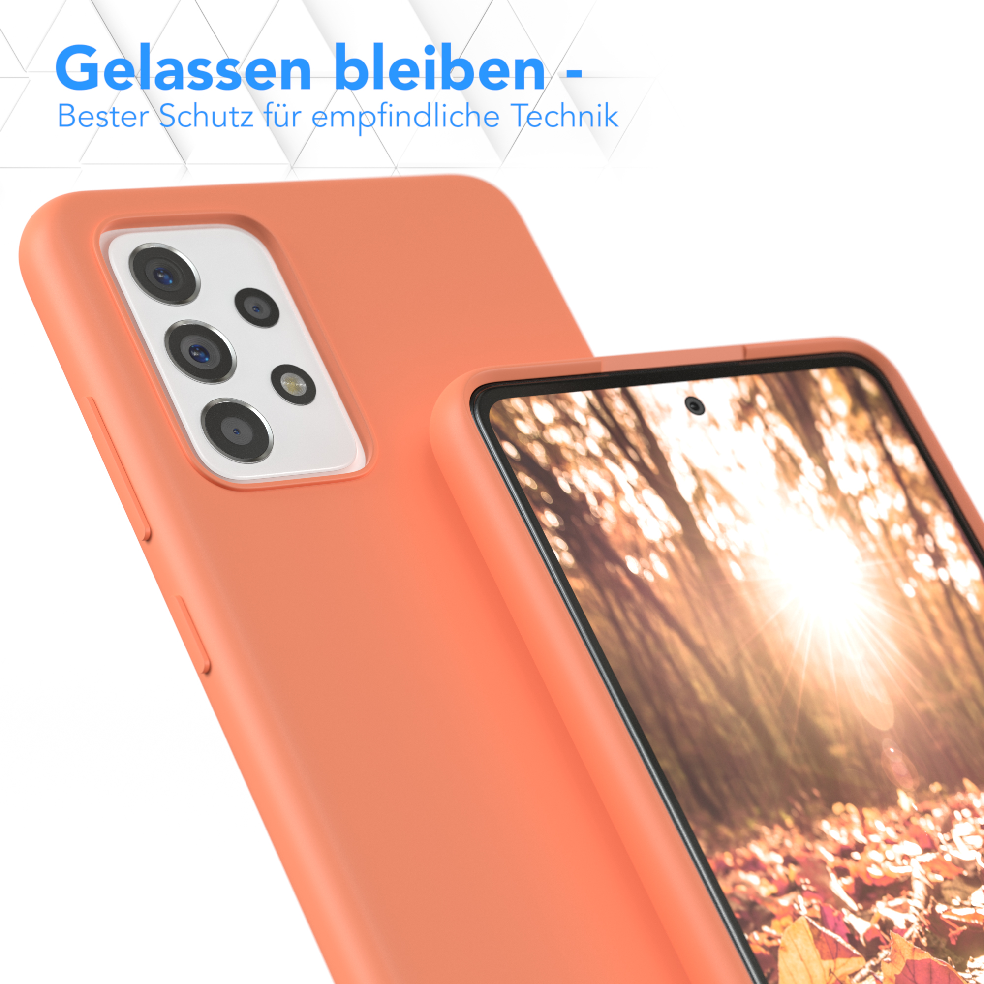 Orangefarbene Handyhülle und Telefon mit Kamera. Die Hülle schützt das Telefon.