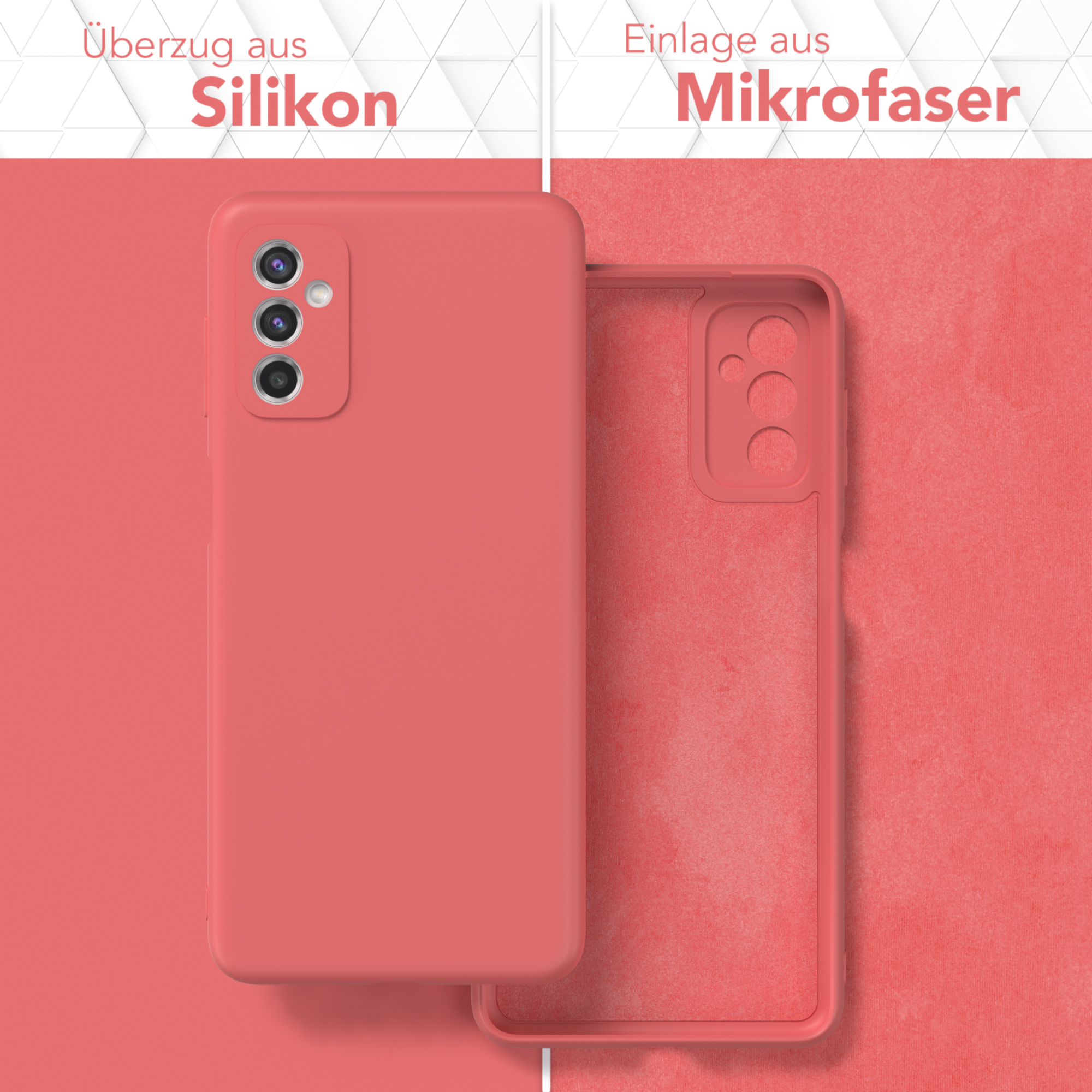 Zwei korallenfarbene Handyhüllen, eine mit eingelegtem Telefon und eine offene, die Innenseite zeigend.