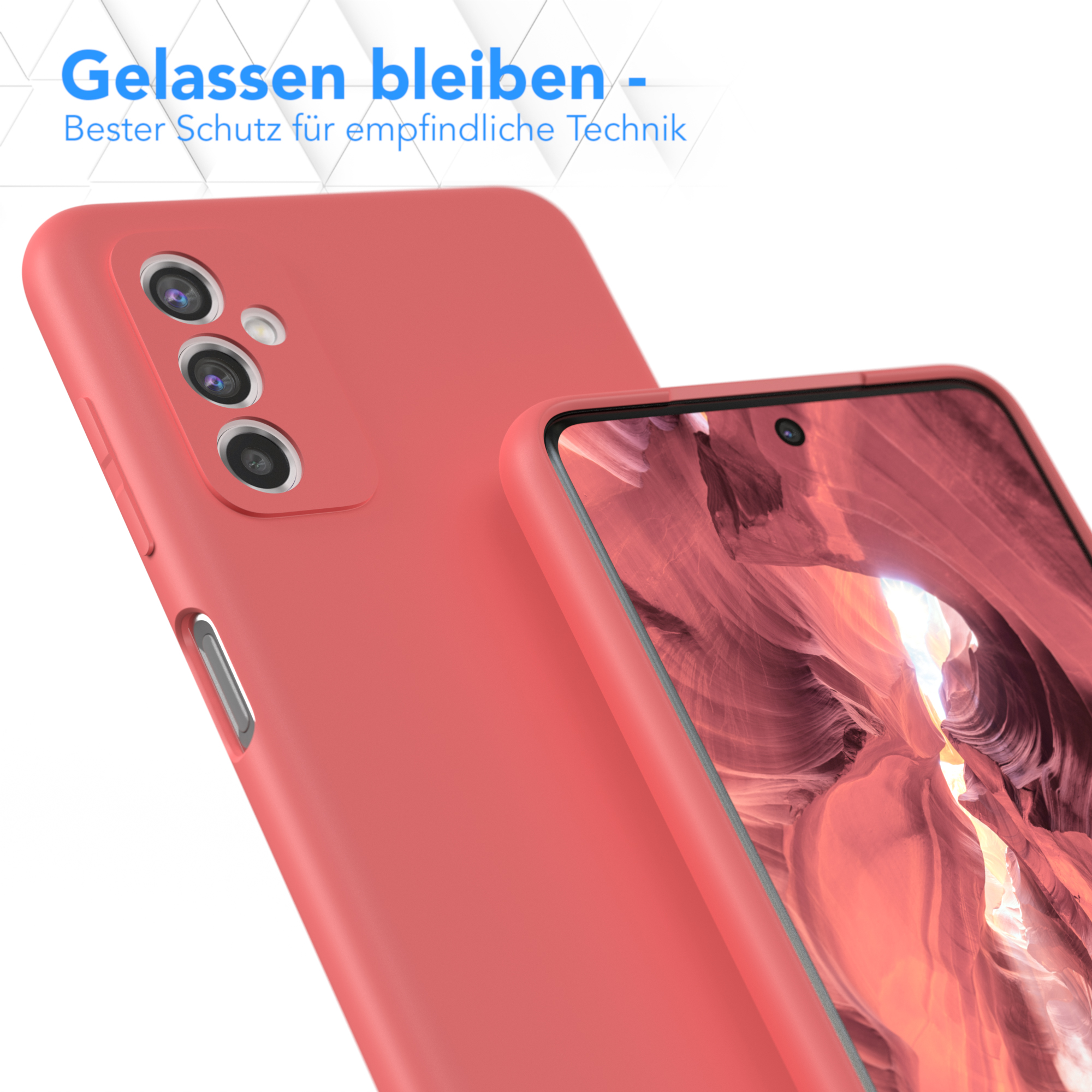 Zwei korallenfarbene Handyhüllen. Eine liegt auf der anderen. Oben ist ein orangefarbener Canyon auf dem Bildschirm.