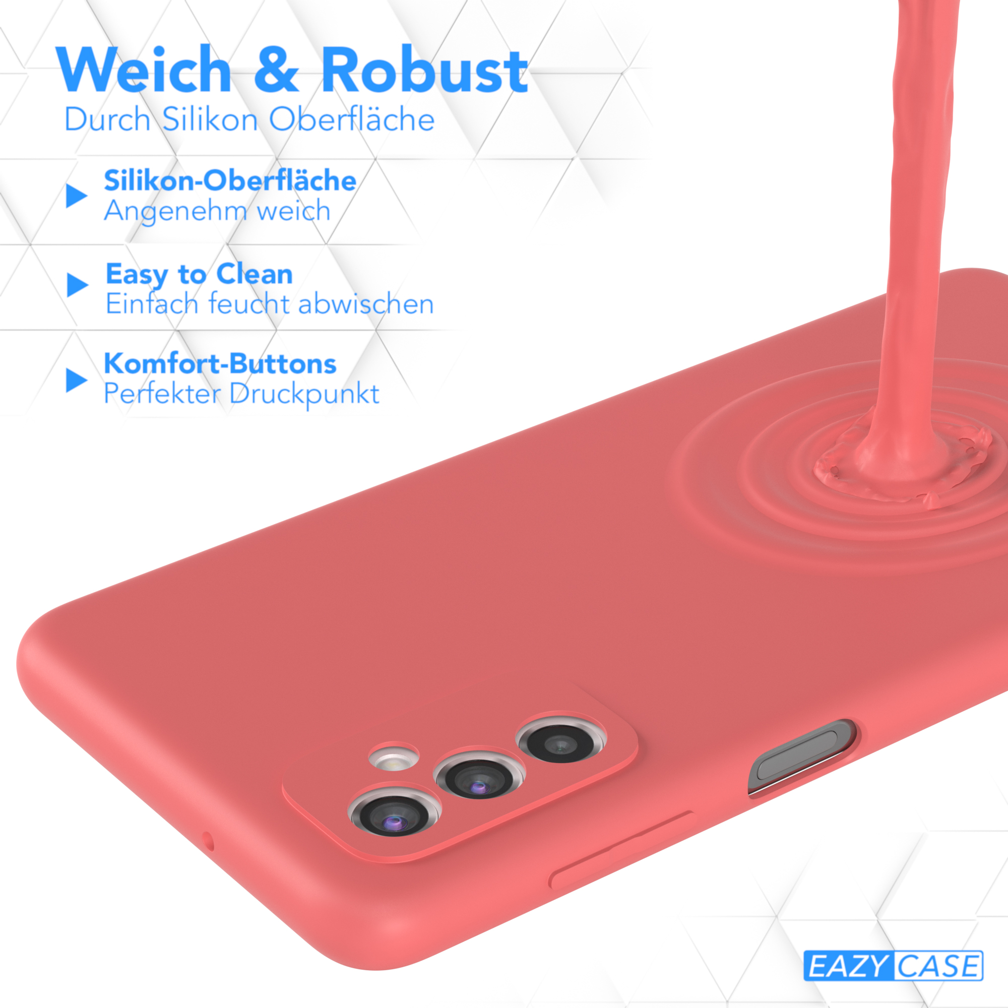 Korallfarbene Handyhülle mit Flüssigkeit. Text auf Deutsch: 'Weich & Robust'.