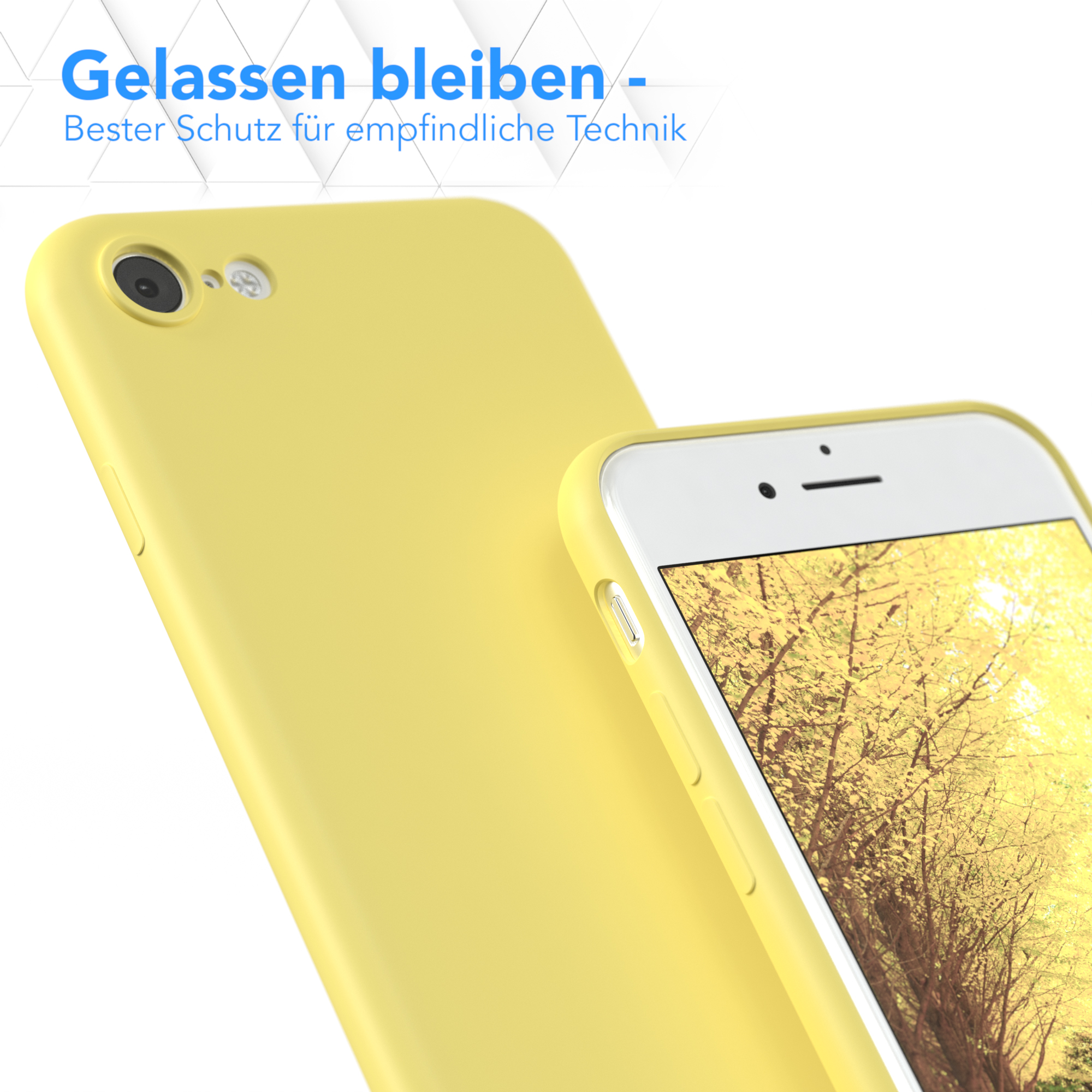 Eine gelbe Telefonhülle und ein Telefon. Das Telefon zeigt eine Naturszene. Text: 'Gelassen bleiben'.