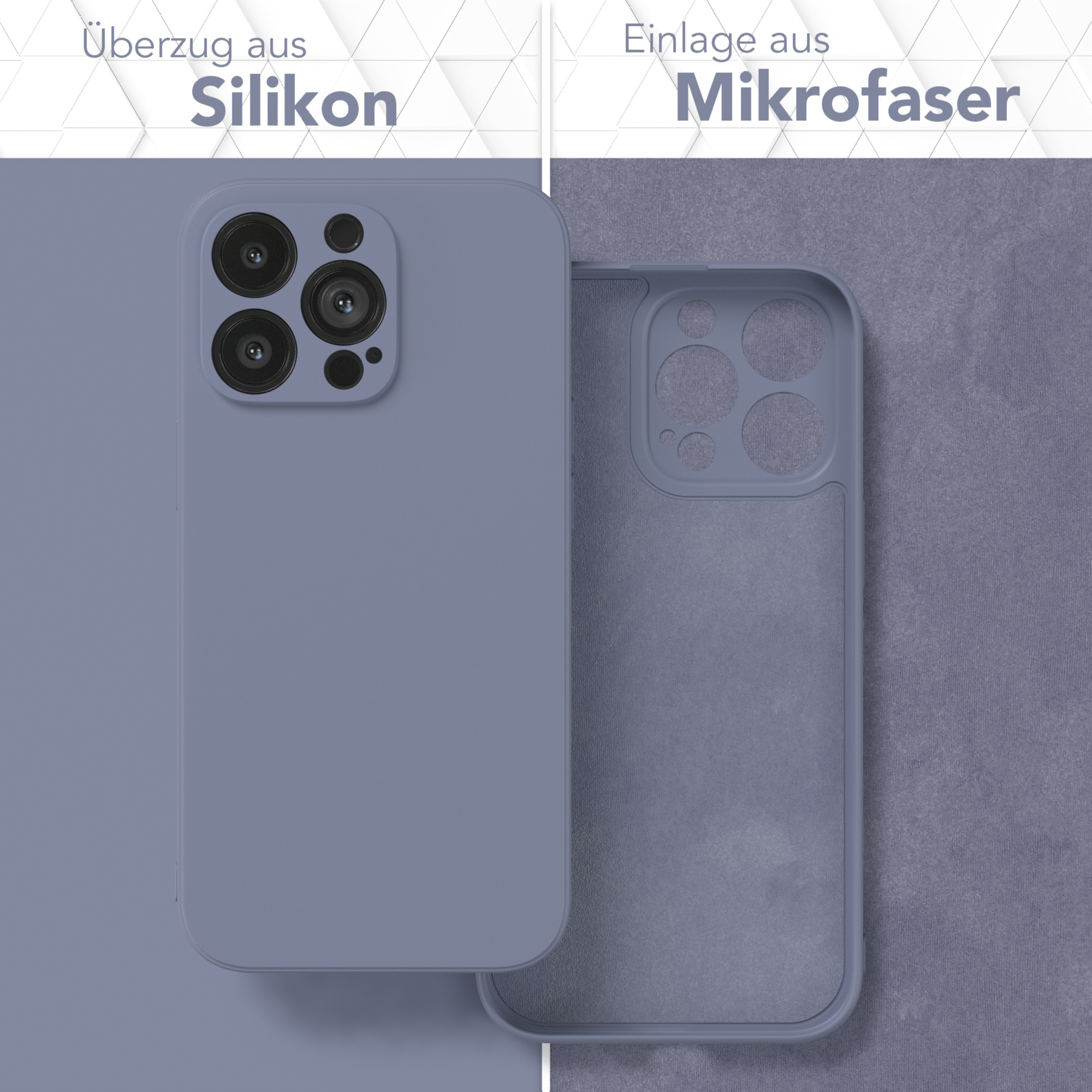 Blaue Handyhülle mit Mikrofaser innen, zwei Teile auf weißer Oberfläche.