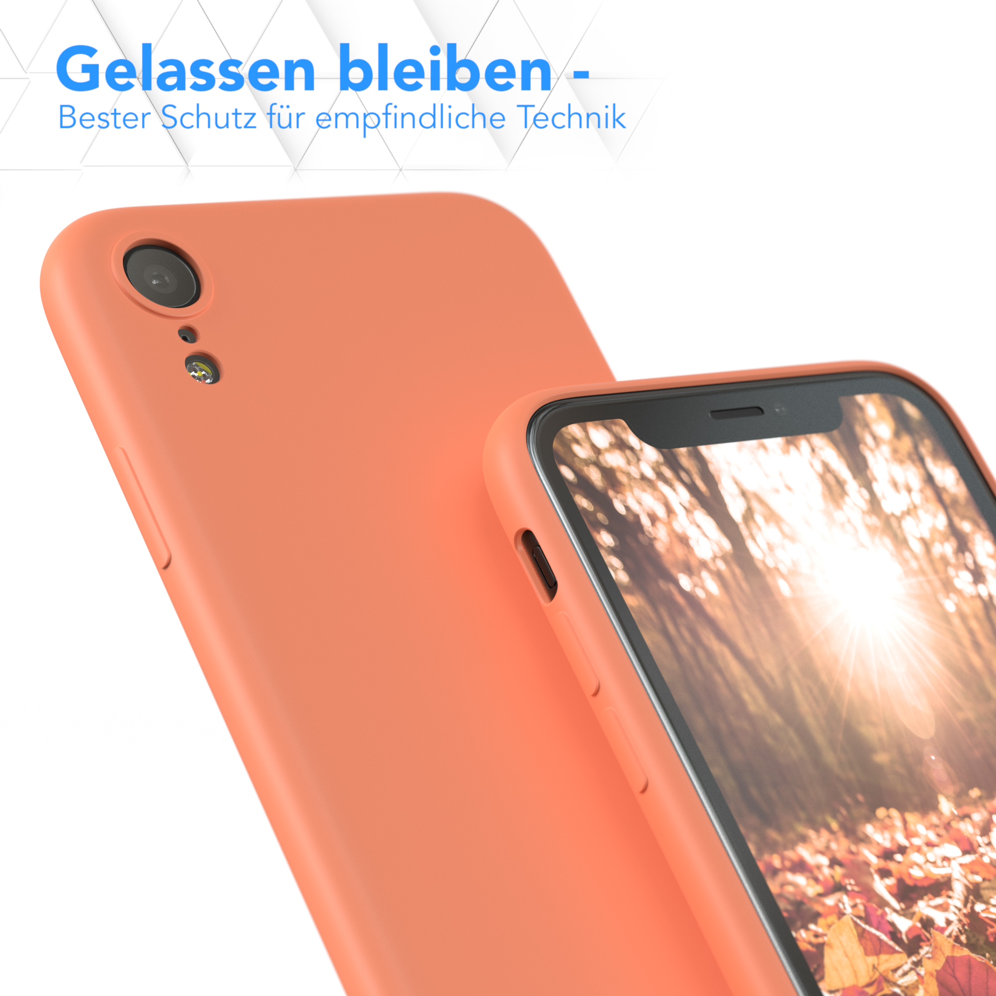 Orangene Handyhülle auf Hintergrund, mit einem Handy rechts.
