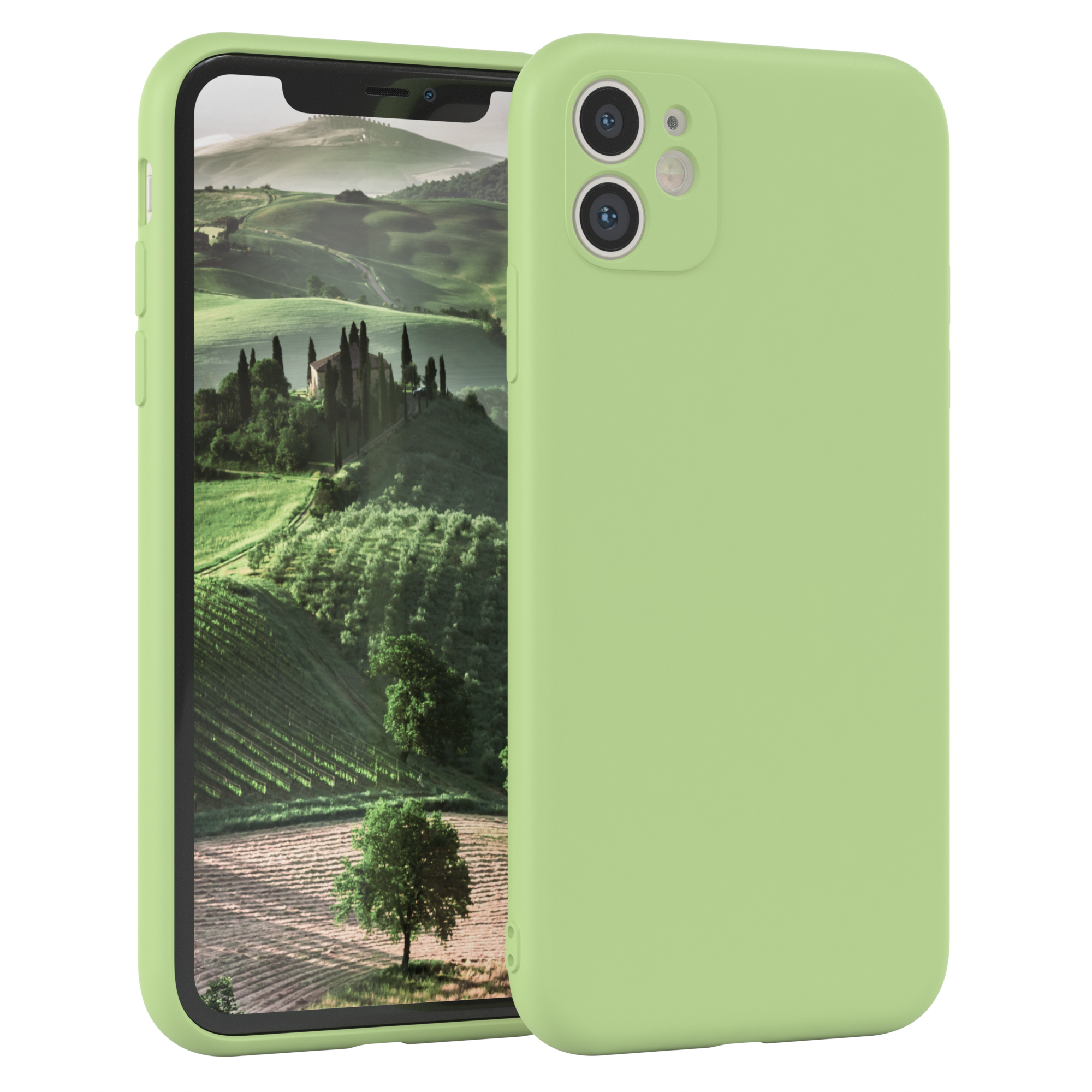 Eine grüne Handyhülle mit einem Telefon, das eine malerische Landschaft zeigt.