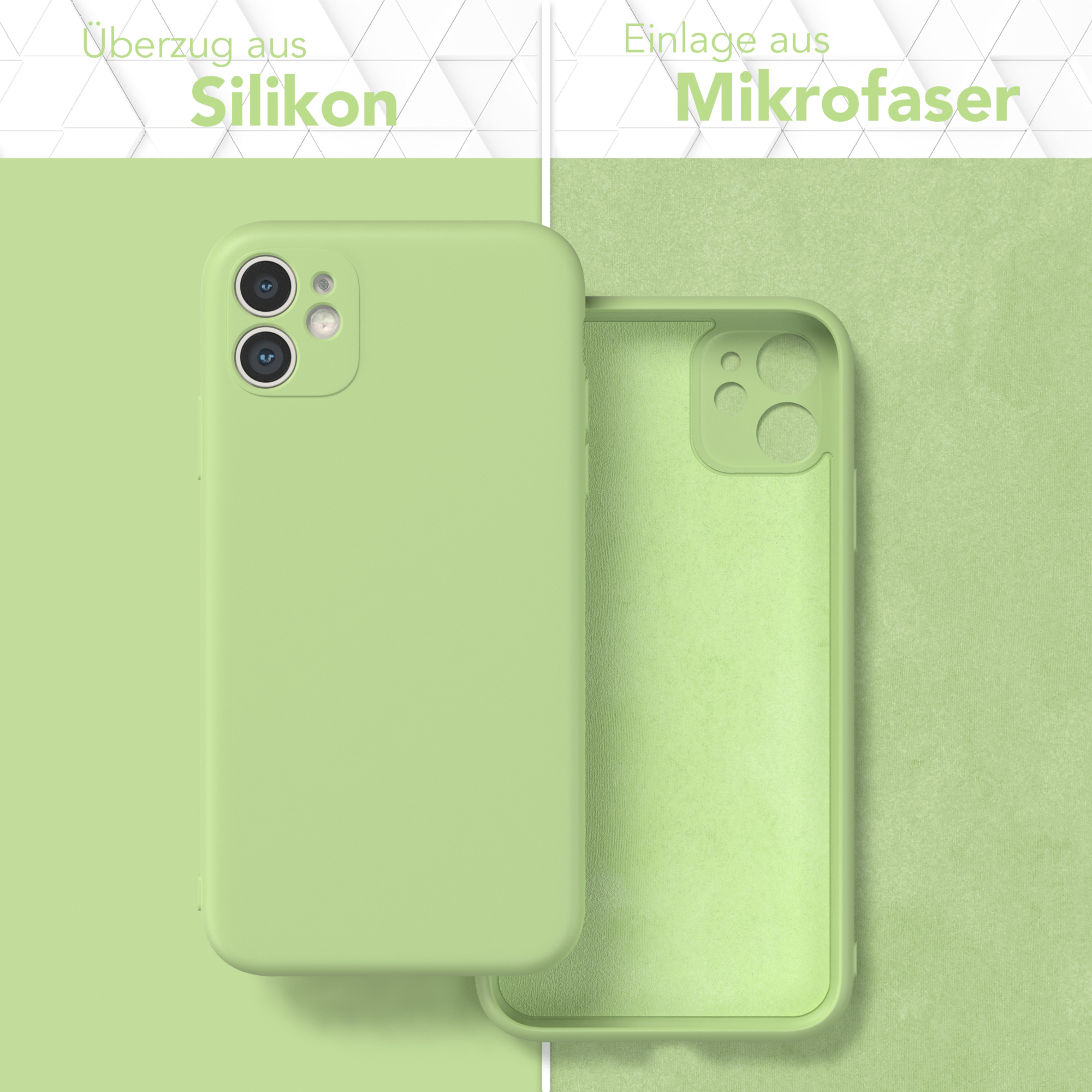Grüne Handyhülle. Text: Silikonbeschichtung und Mikrofaser-Einsatz.