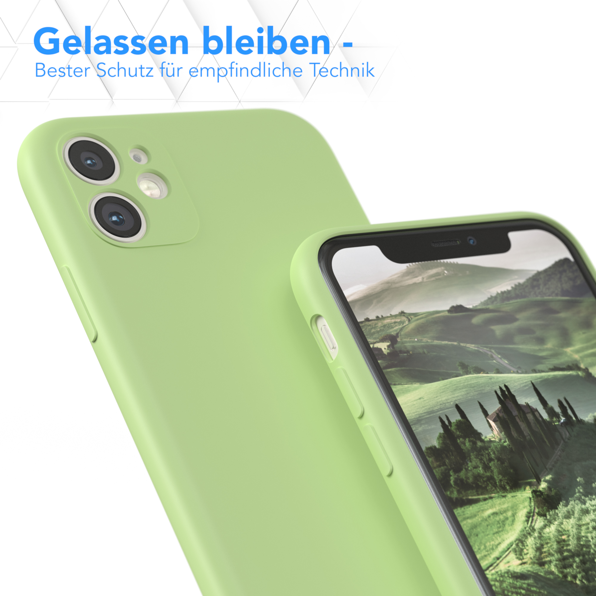 Eine grüne Handyhülle und ein Telefon. Die Hülle ist grün, mit einem schwarzen Bildschirm.
