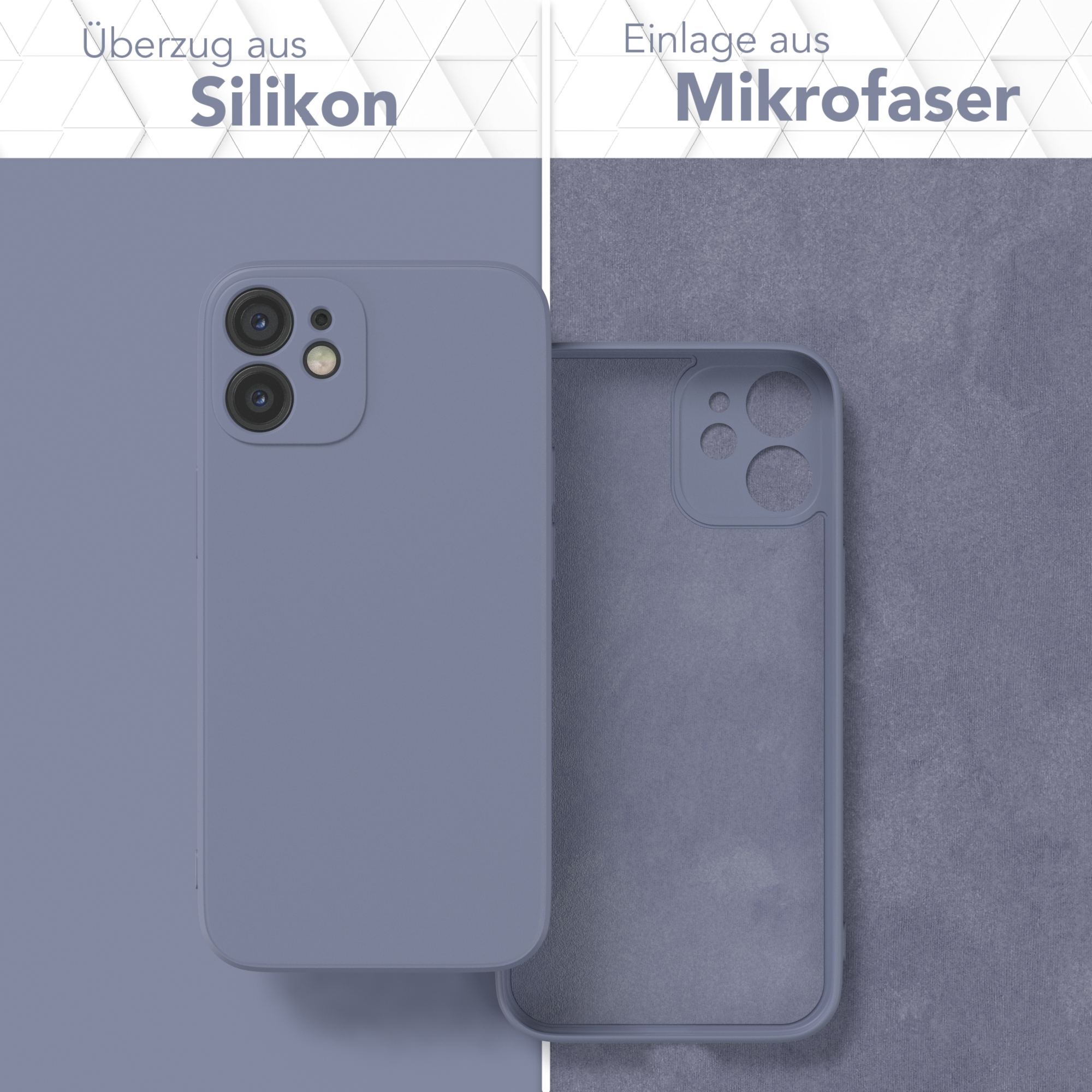 Zwei Handyhüllen. Eine ist an einem Telefon, eine andere ist separat. Beide sind blau. Der Hintergrund ist grau.