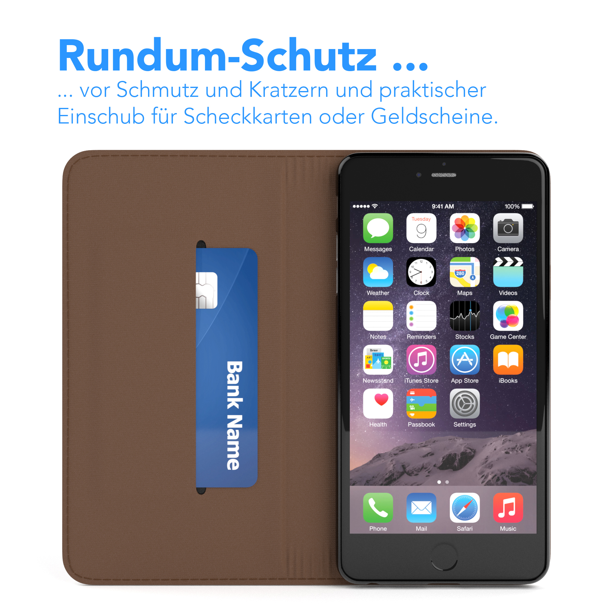 Telefon in brauner Lederhülle, mit blauer Karte im Schlitz. Das Telefon ist an.