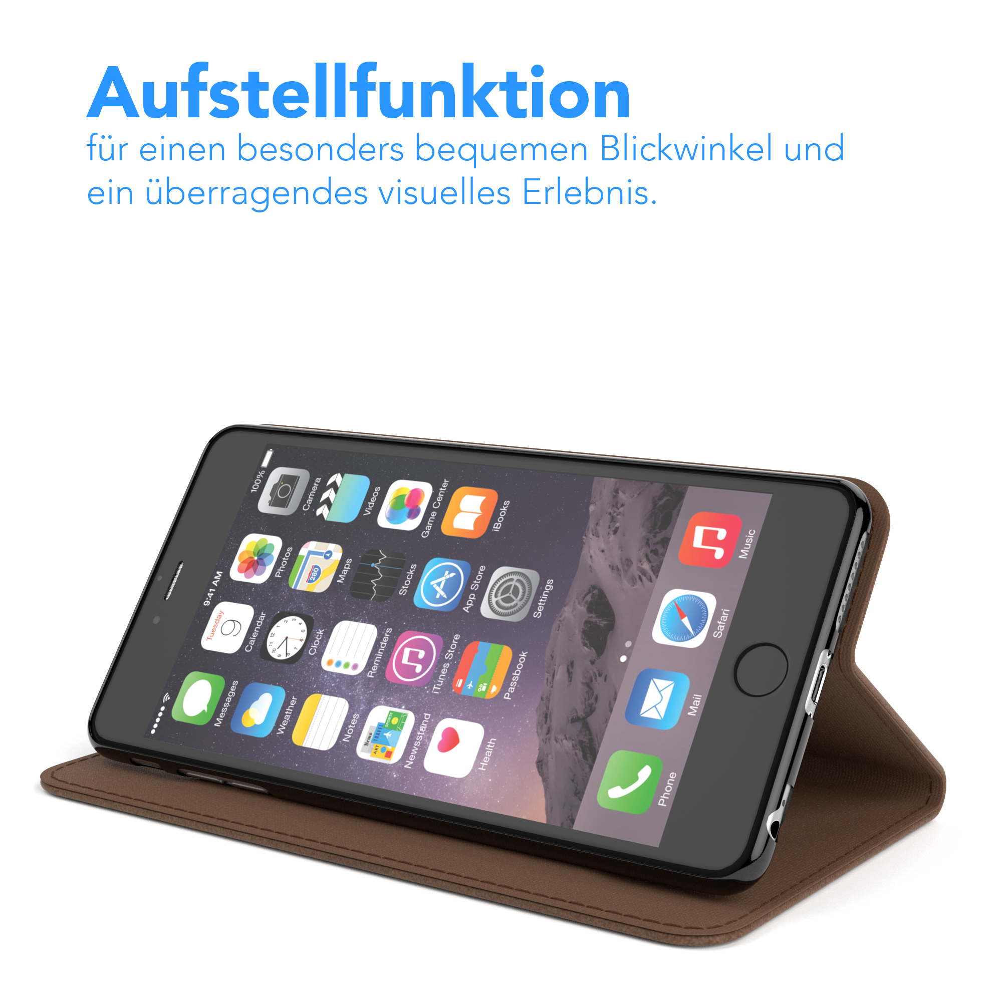 Ein Telefon mit schwarzem Bildschirm auf einem braunen Etui. Text auf Deutsch: Aufstellfunktion... visuelles Erlebnis.