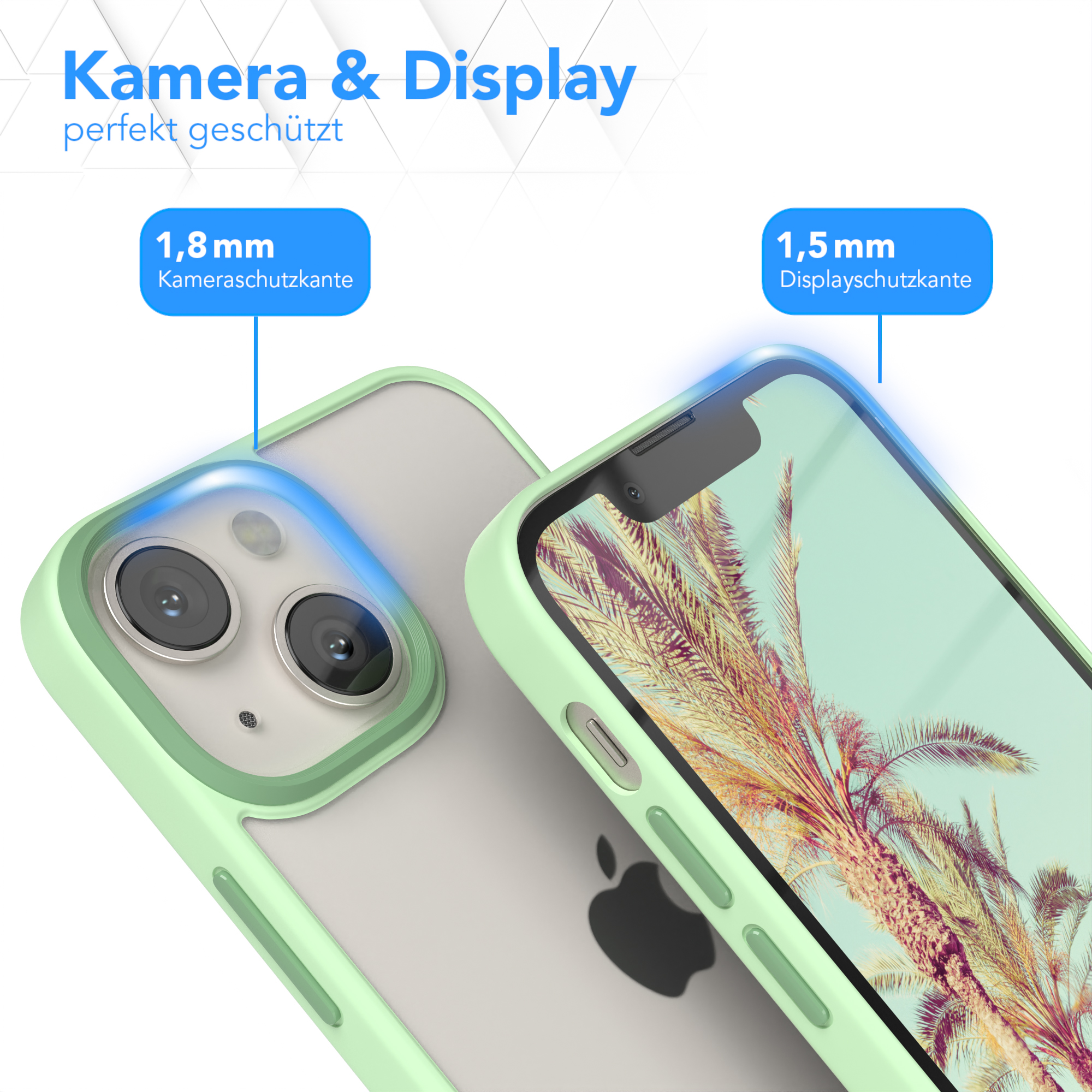 Nahaufnahme einer Handyhülle mit Text: Kamera & Display perfekt geschützt
