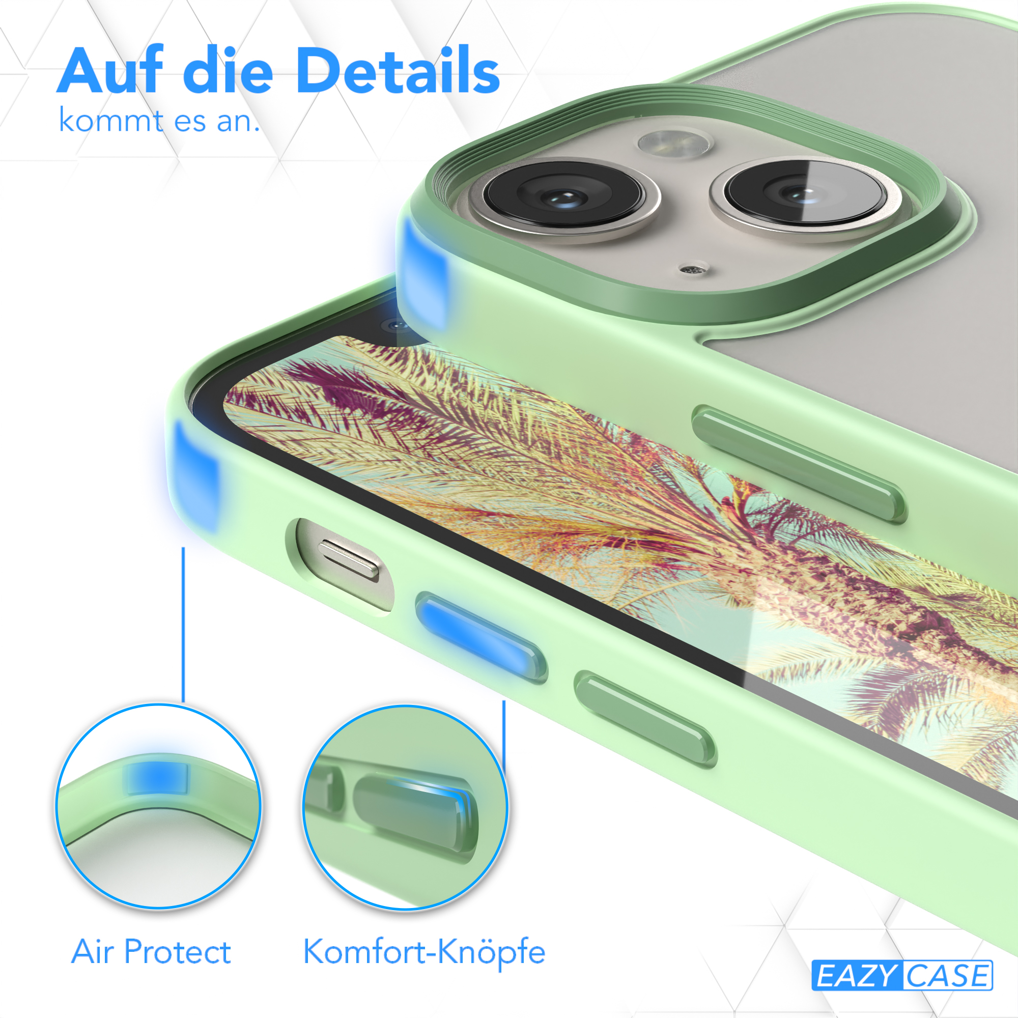 Nahaufnahme einer Handyhülle mit grünem Rahmen, zeigt Kamera und Knöpfe des Telefons, mit Text und Kreisen.