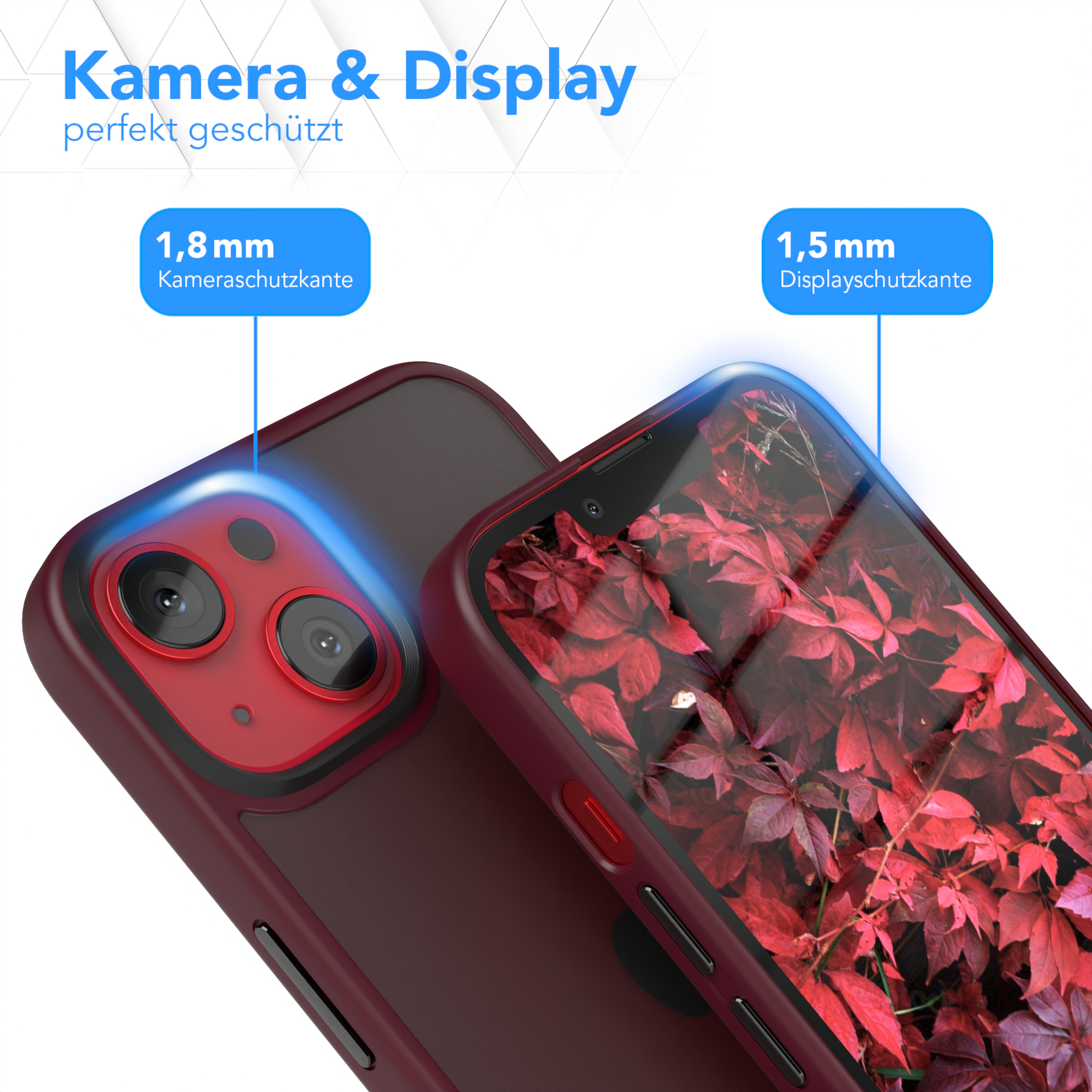 Eine Handyhülle mit rot-burgunderrotem Rahmen, die Kamera- und Bildschirmschutzfunktionen hervorhebt.