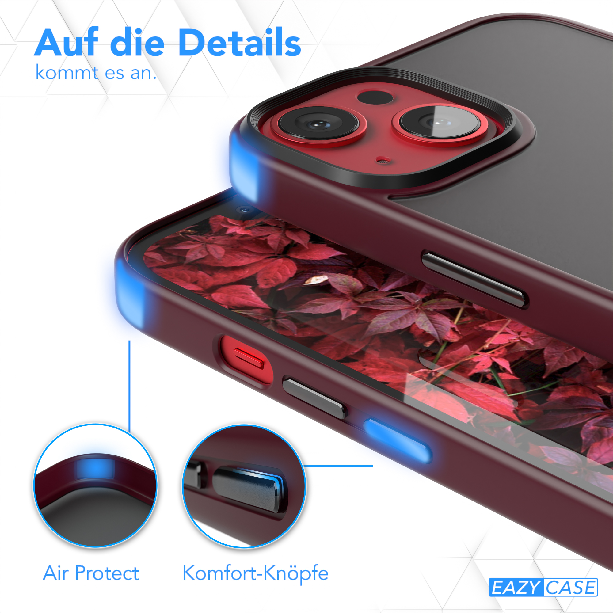 Nahaufnahme einer Handyhülle mit Knopffunktionen und einem roten Hintergrundbild.