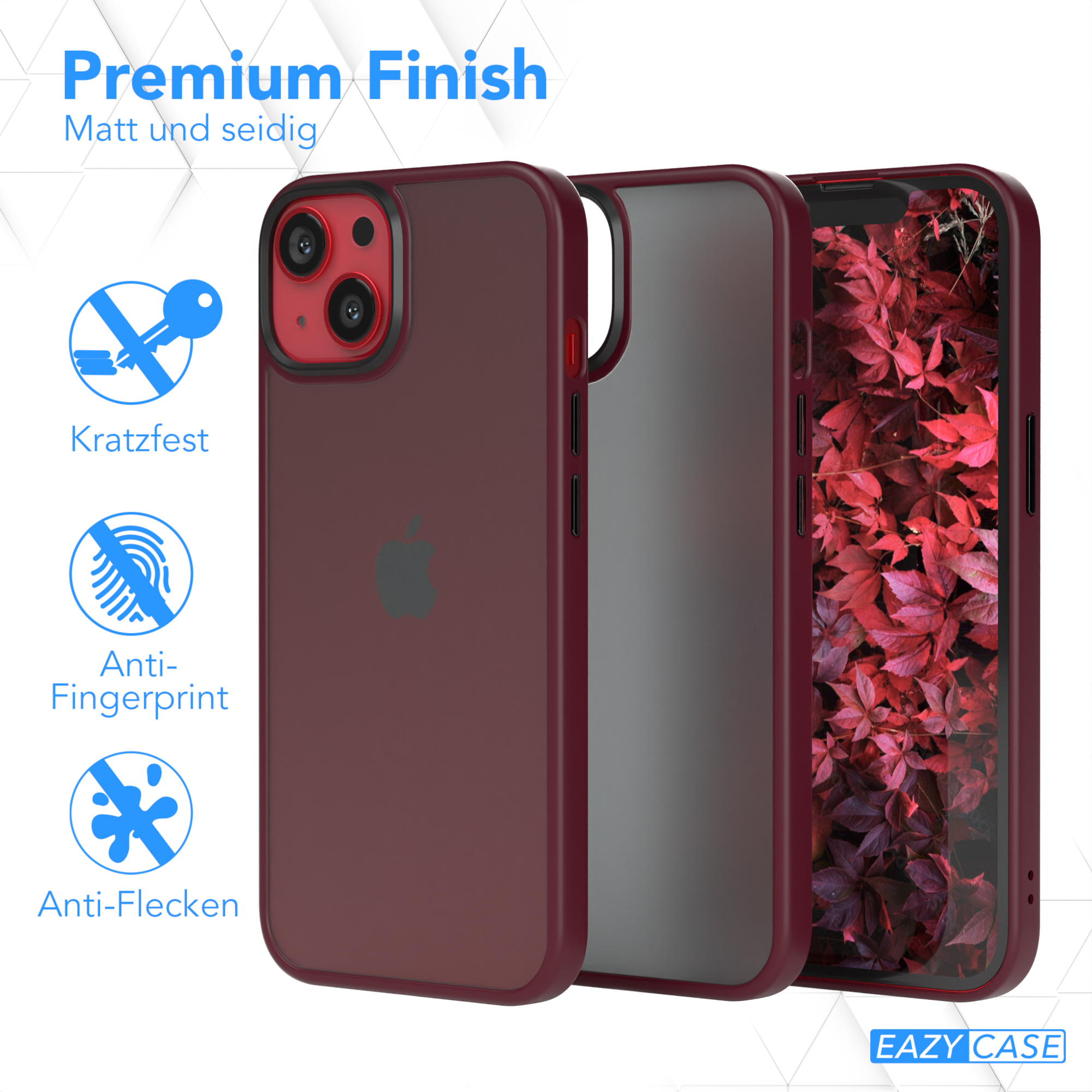 Rote Handyhülle mit Apple-Logo und eine Hülle gezeigt.