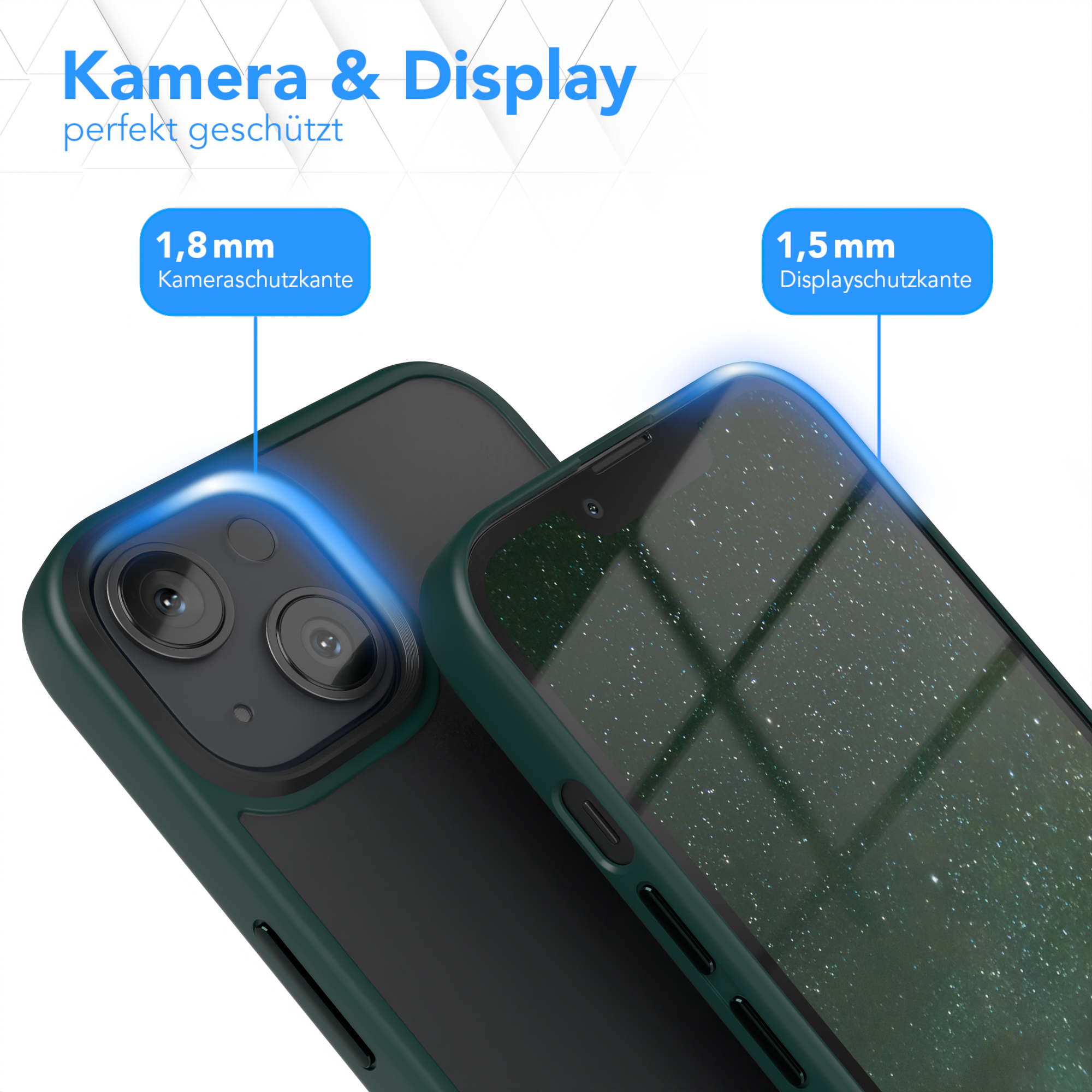 Grüne Handyhülle auf einem Telefon. Text zeigt 1,8 mm und 1,5 mm Dicke. Weißer Hintergrund.