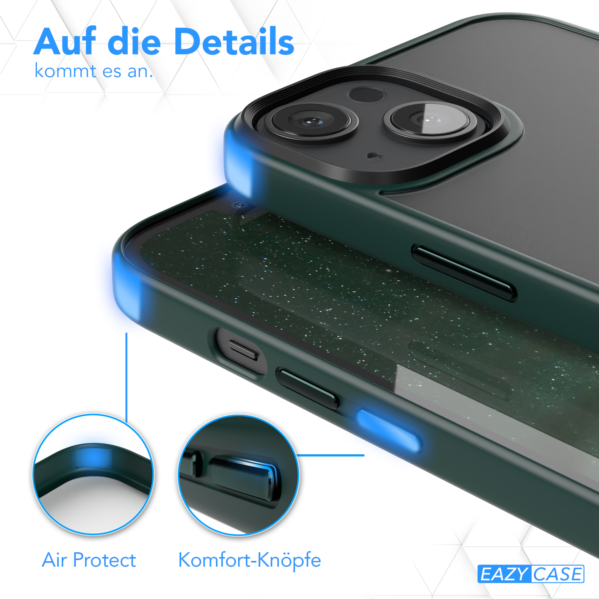 Nahaufnahme einer Handyhülle mit Luftschutz und Komfortknöpfen.