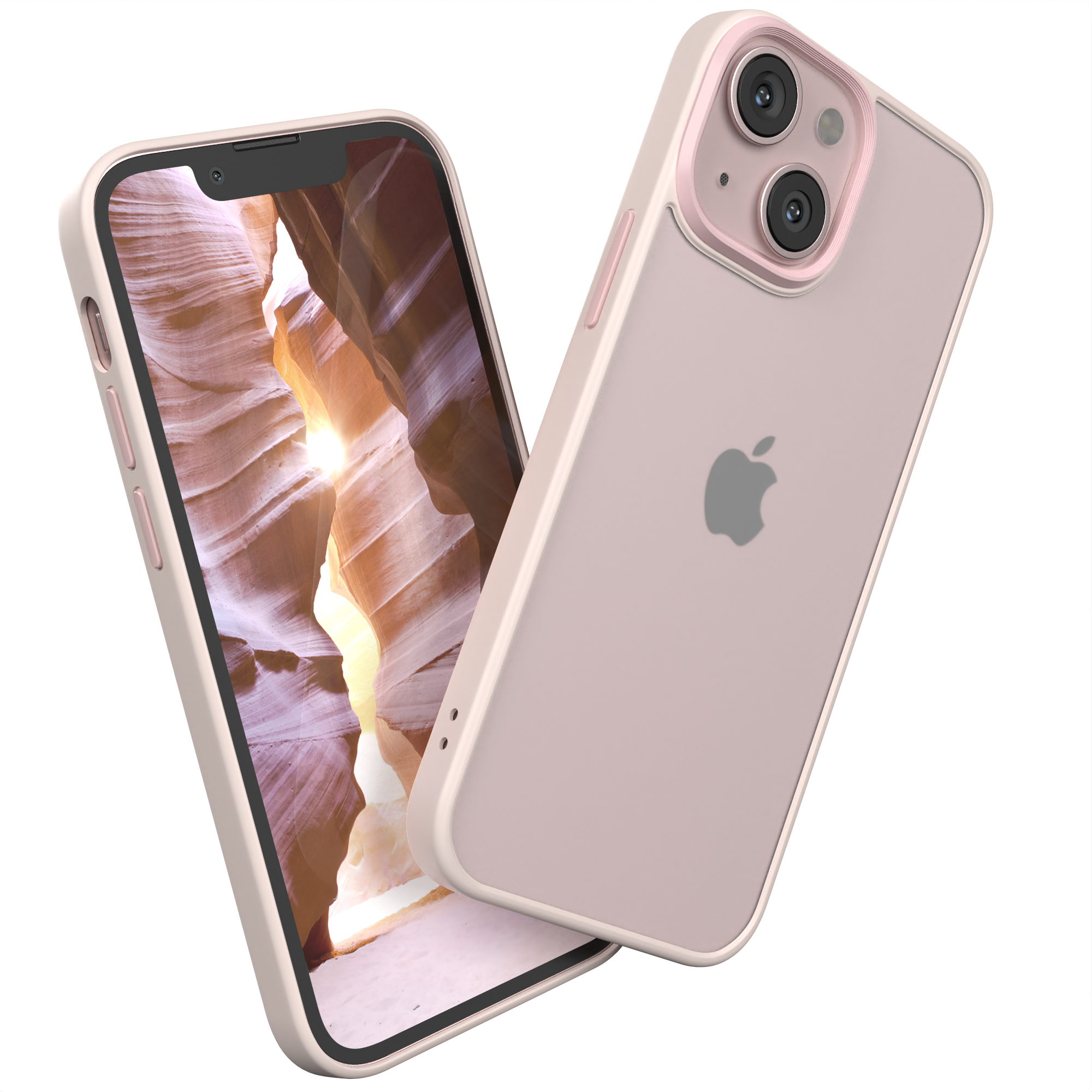Rosa Telefon mit Hülle. Der Bildschirm zeigt einen Canyon mit rosa und braunen Farben.
