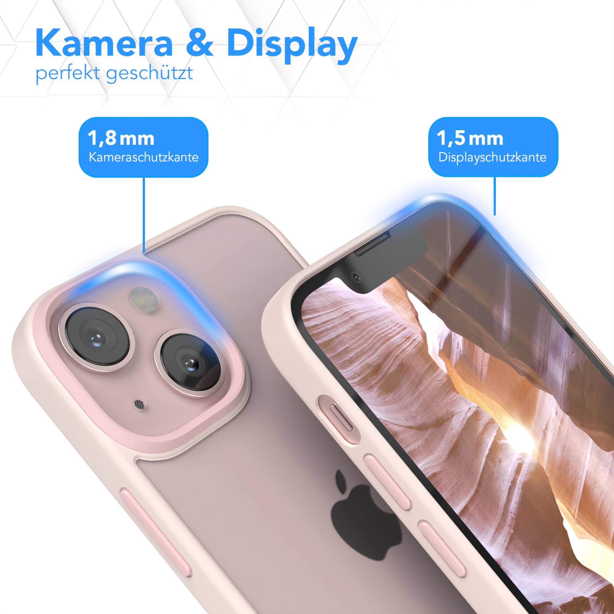Rosa Handyhülle mit Telefon. Text: Kamera & Display perfekt geschützt.